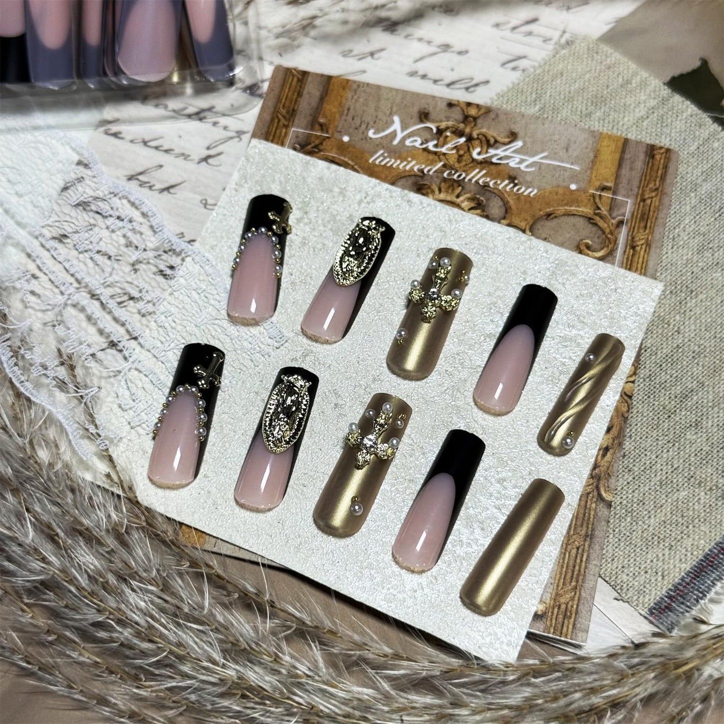 IMRAIN Press on Nails Long Square Fake Nails Black French Tips False Nails with Gold Chrome, Golden Charms Designs Full Cover Luxury Glossy Acrylic Glue on Nails