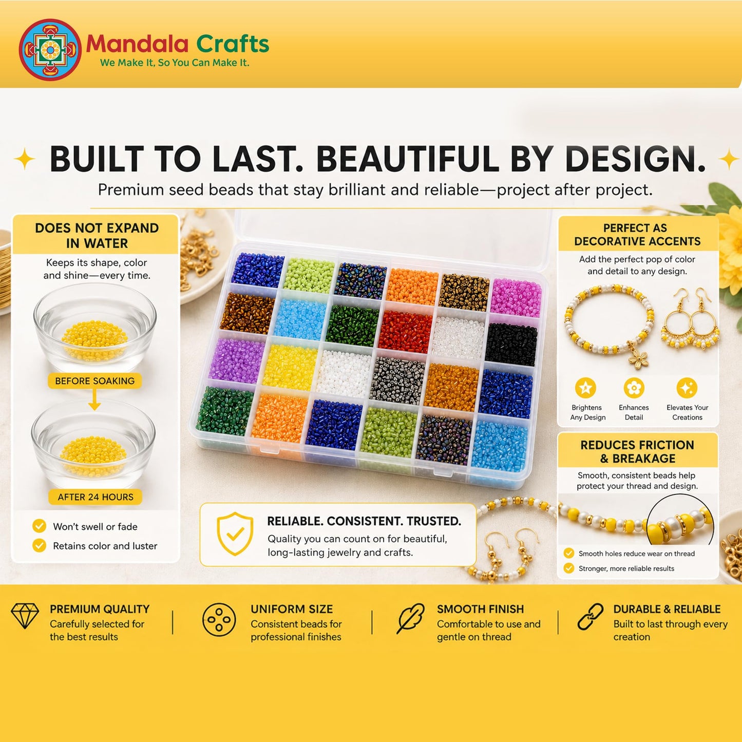 Mandala Crafts 11/0 Glass Seed Beads for Beadwork – 18000 Pcs 2mm Multicolor Round Small Rocaille Beads for Jewelry Making, Necklace Bracelet Earring Craft Supplies