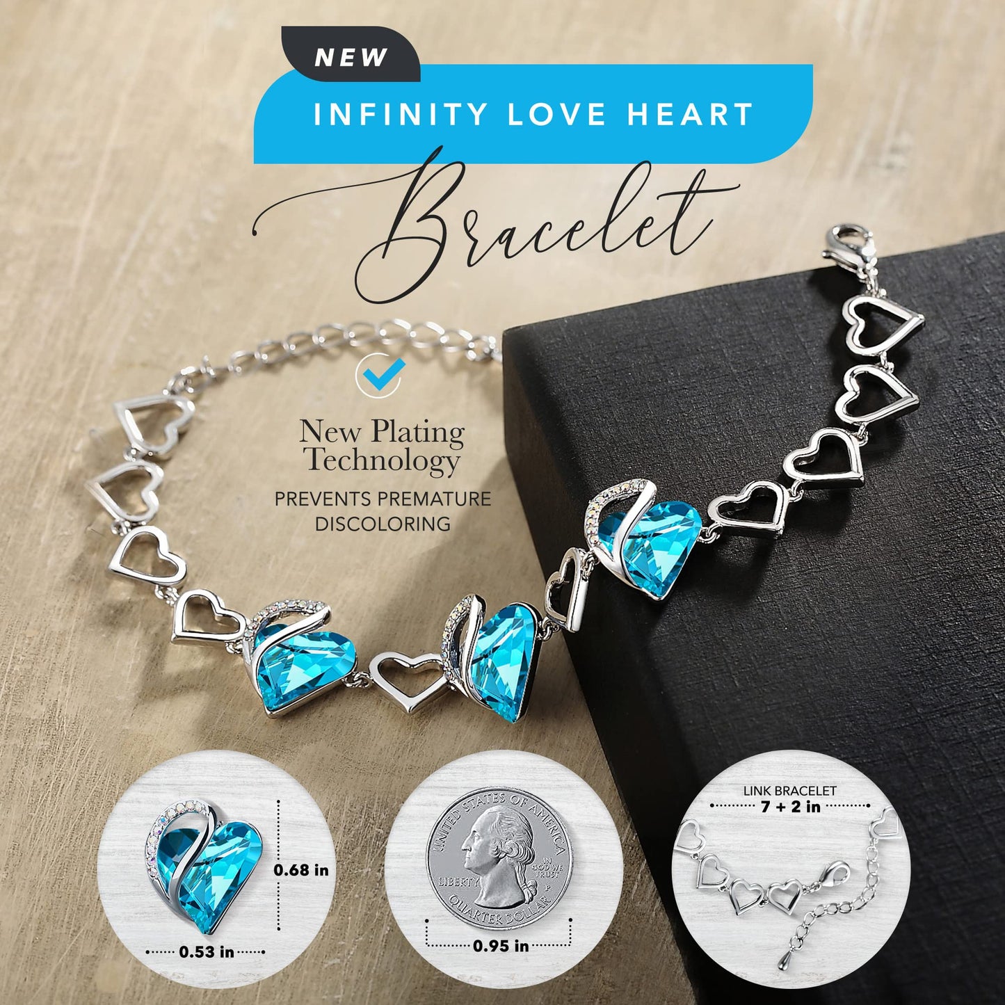 Leafael Infinity Love Heart Gift Bracelet for Women, December Birthstone Crystal, Turquoise Aquamarine Blue, Silver Tone, 7-inch Chain and 2-inch Extender