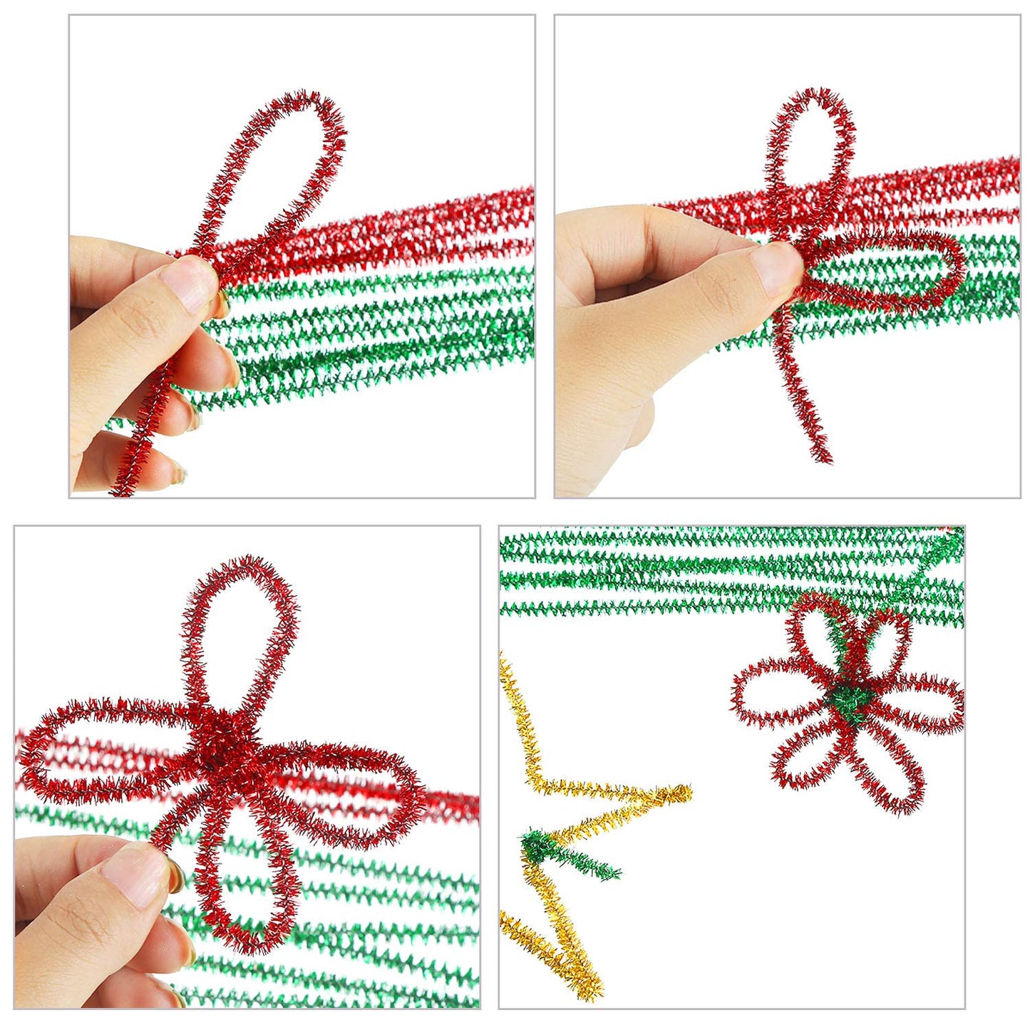 WILLBOND 400 Pieces Christmas Pipe Cleaners Craft Pipe Cleaners Glitter Chenille Stems Creative Arts Chenille Stems for DIY Craft Christmas Decoration, 12 Inches (Red, Gold, Silver, Green)