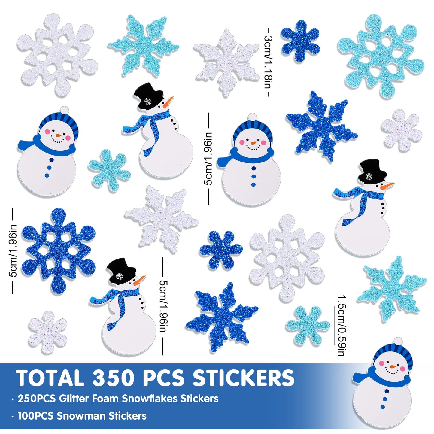 Whaline Winter Glitter Foam Sticker Kit 350Pcs Blue White Snowflake Snowman Foam Stickers Self-Adhesive Sticker Decals for Christmas Party Decor Winter DIY Crafts