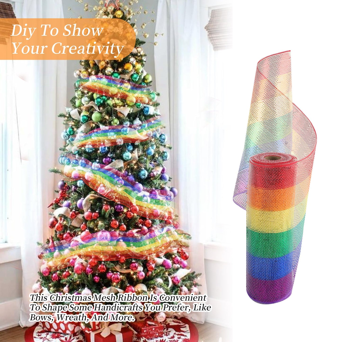 GouZaak 2 Rolls Rainbow Deco Mesh Ribbon 10 in x 30 ft, Metallic Mesh Ribbon Poly Mesh Rolls for DIY Wreath Supplies Christmas Tree Party Decoration Gift Wrapping,Floral