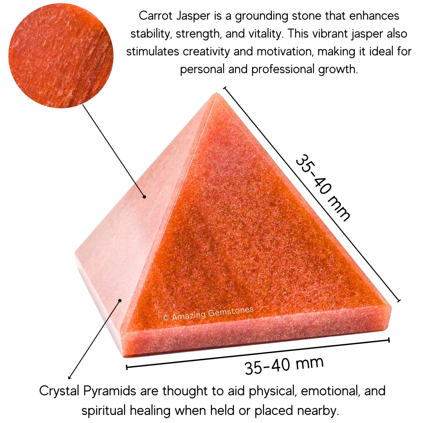 Amazing Gemstone Carrot Jasper Pyramid Crystal Healing Stones - 1.5" Great Pyramid Figurine of Natural Stone Pyramid for Meditation, Reiki, Chakra Balancing and Crystal Pyramids Grid
