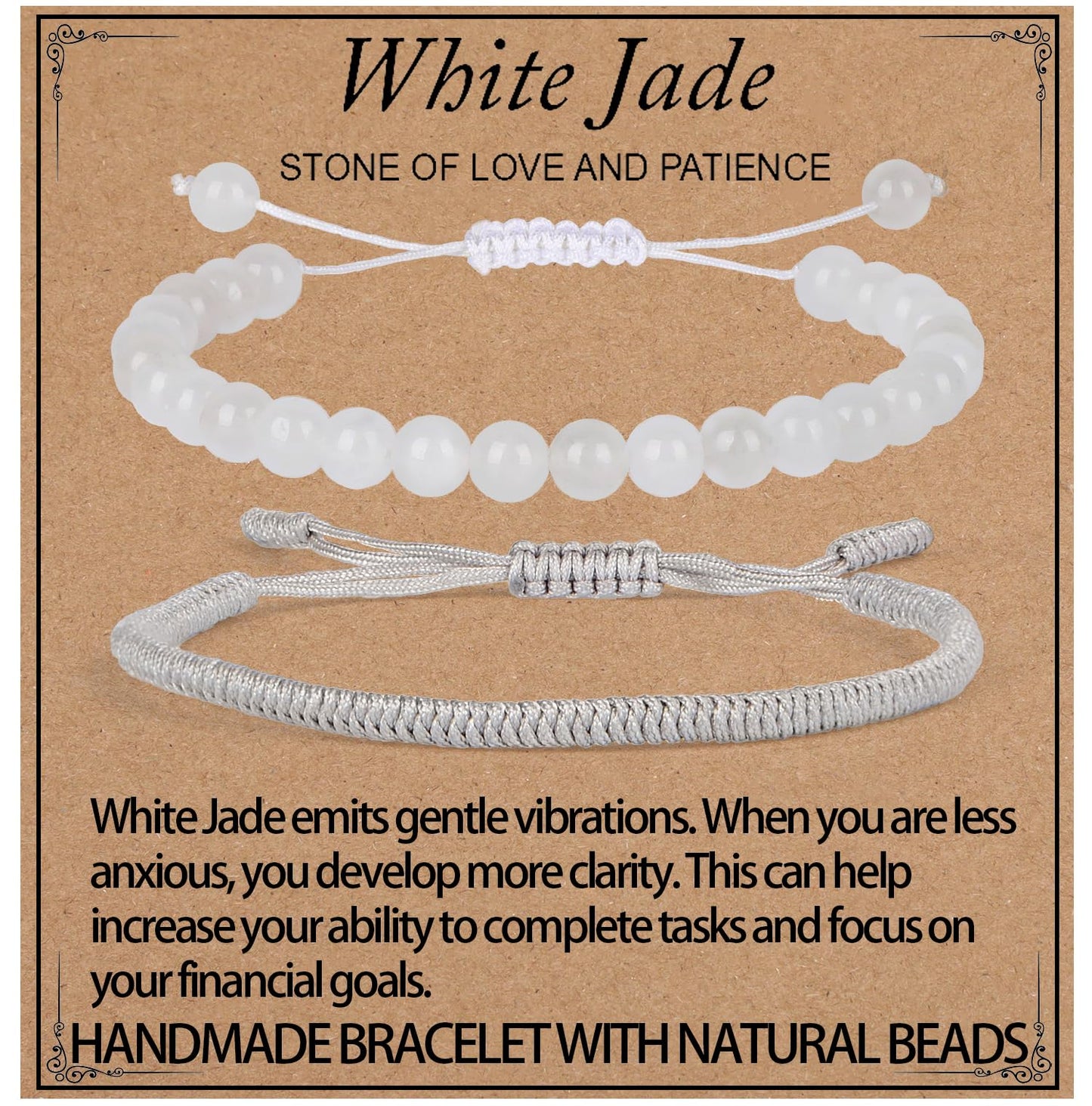 LPBeads 6mm White Jade Bracelet with Handmade Rope Bracelet Size Adjustable Natural Stone Crystal Healing Bracelets Gifts for Unisex Adults