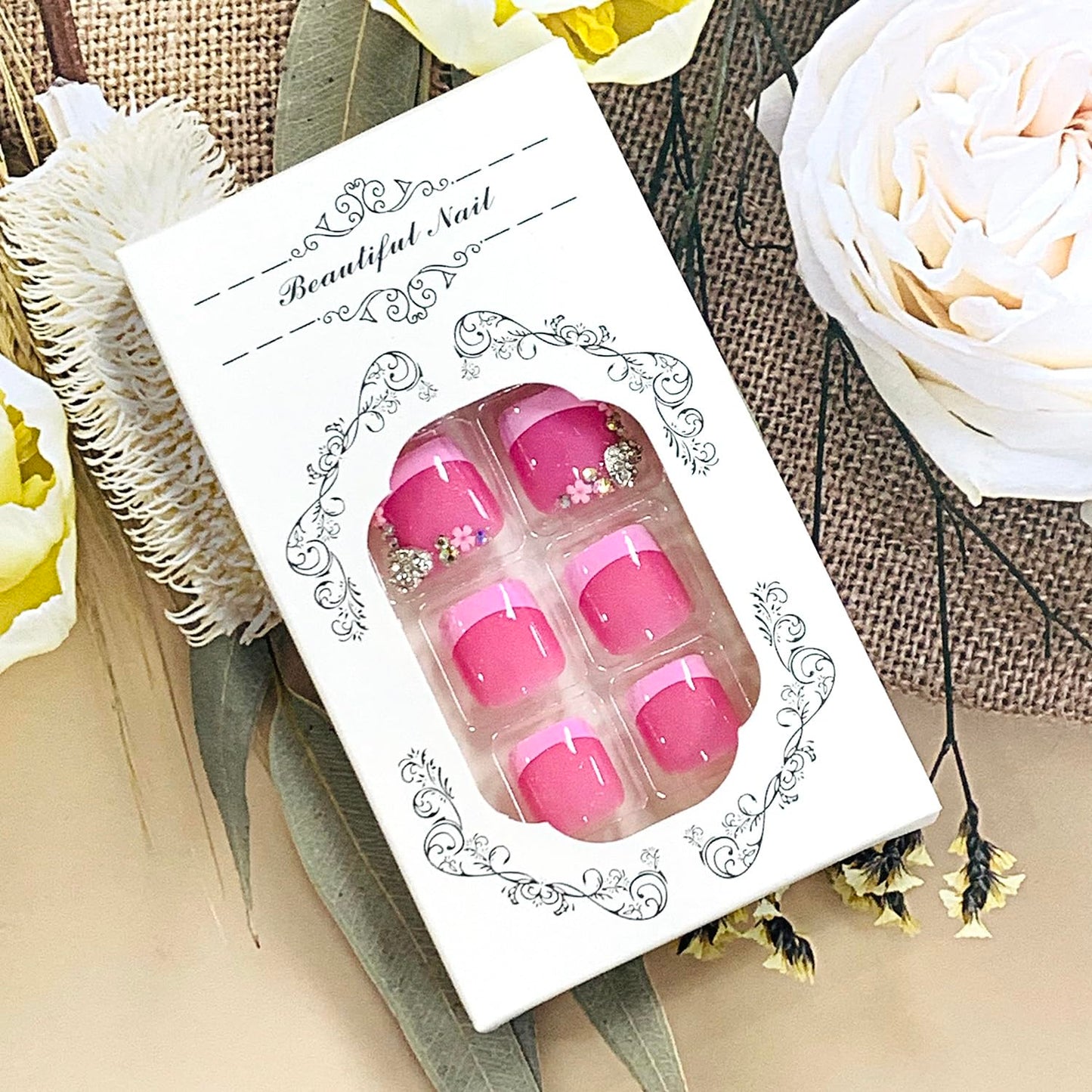 FIEONCIY Press on Toenails with Designs Acrylic Fake Nails for Toe Artificial False Nails with Charms Glue on Toe Nails for Spring Summer Stick on Toenails for Women Girls(XH11204)