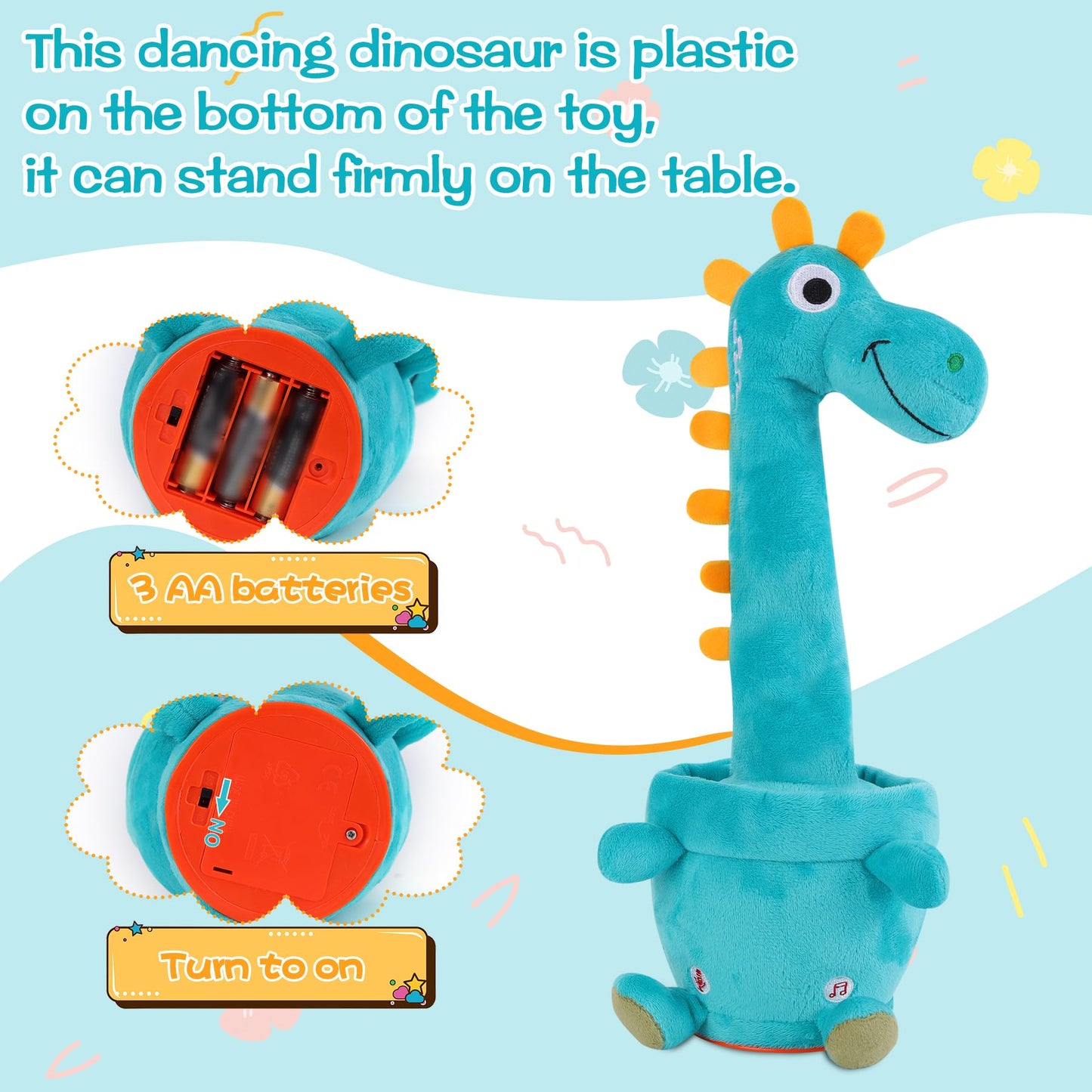 LLUKEME Dancing Talking Giraffe Toy, Stuffed Animal Baby Toy Repeating What You Say, Glowing Musical Electronic Giraffe Gifts for Toddlers 1-3 Years Old (Dancing Dinosaur)