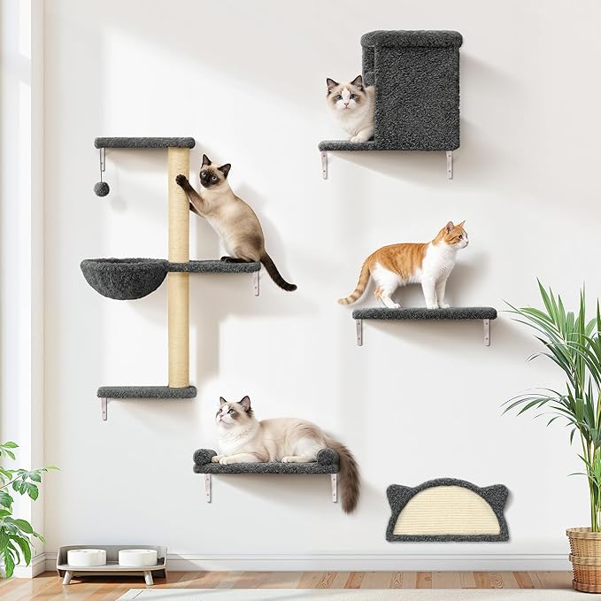 5-in-1 Cat Wall Shelves, Solid Wood Cat Wall Furniture Set for Indoor Cats