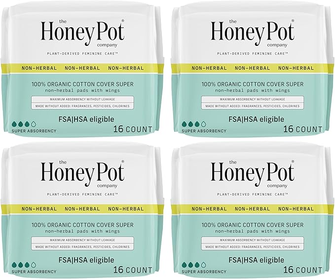 The Honey Pot Company - 64ct - Sanitary Pads for Women - Non-Herbal Super w/Wings - Organic - Cotton Cover, & Ultra-Absorbent Pulp Core - Feminine Care - FSA & HSA