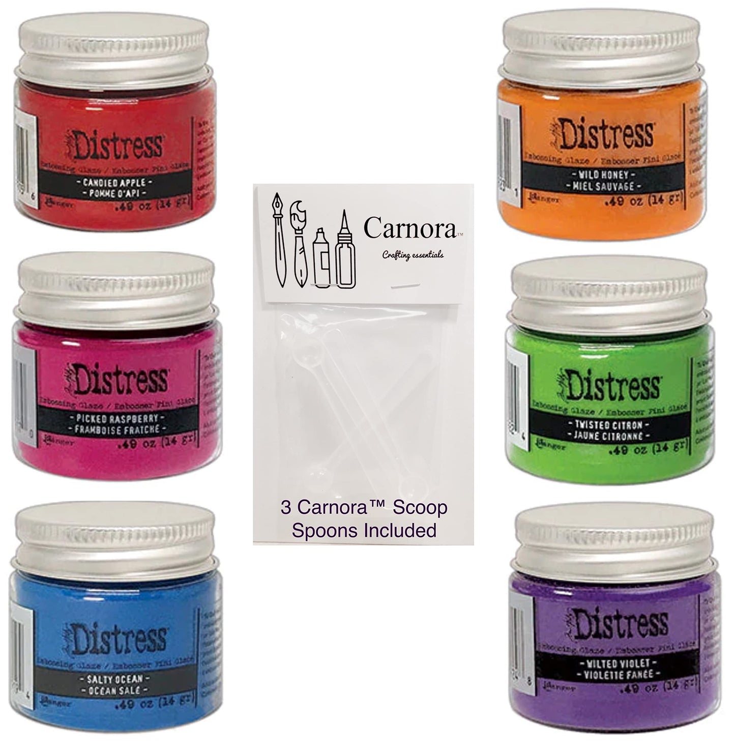 Tim Holtz Distress Embossing Glaze Bundle 6 Bright Colors, Candied Apple, Picked Raspberry, Salty Ocean, Twisted Citron, Wild Honey, Wilted Violet Plus Pack of 3 Carnora Scoop Spoons, 7 Item Bundle
