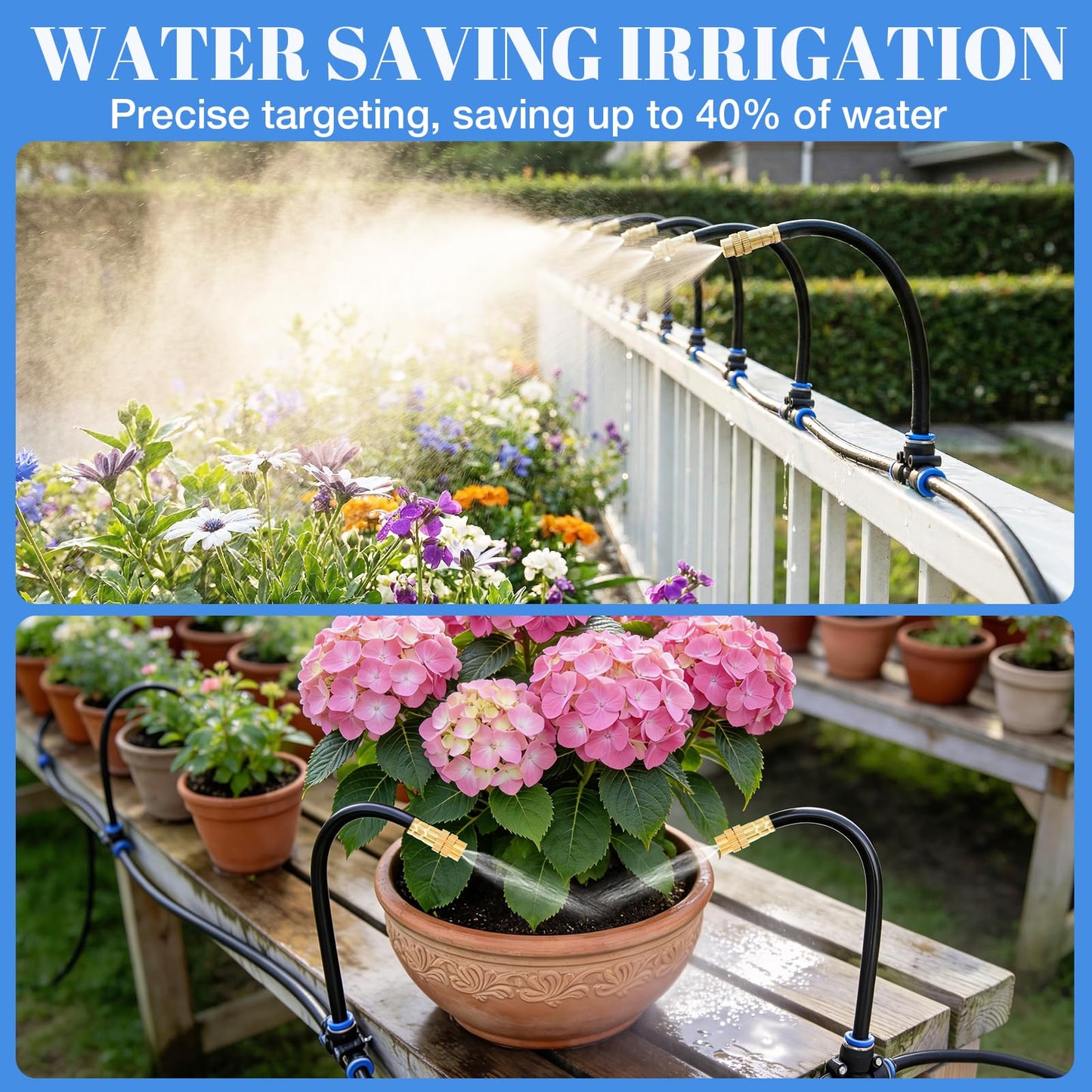 60FT Drip Irrigation Kit, 6mm Hose with Dual Outlet Splitter with Independent Valves & 15 360° Adjustable Brass Nozzles & 18 Snap-On Tees, DIY Automatic Watering for Greenhouse, Raised Beds, Garden