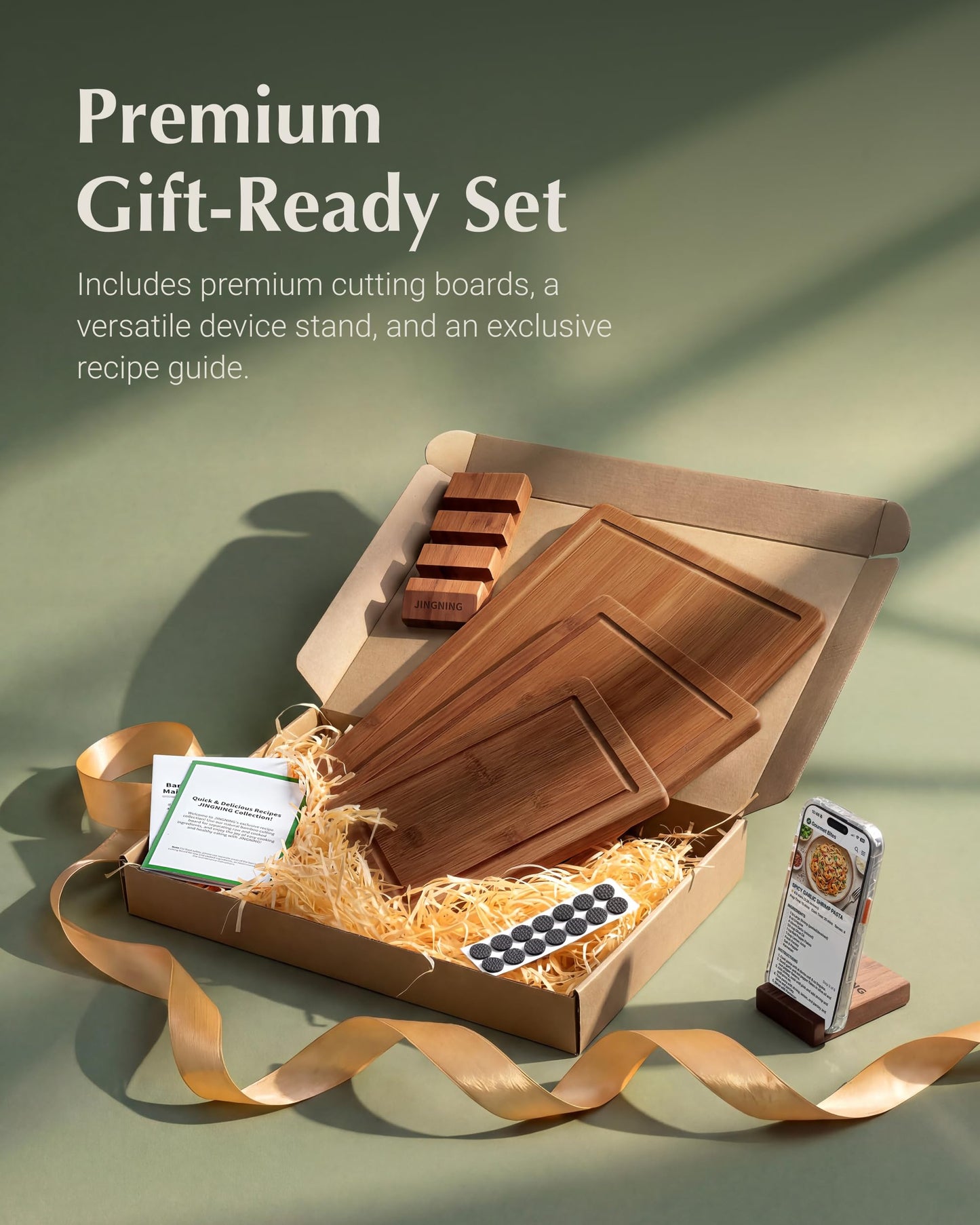 JINGNING Deep-Carbonized Bamboo Cutting Board Set for Kitchen with Wood Storage Stand, Deep Juice Grooves, Easy-Grip Handles & Non-Slip Pads, Premium Kitchen Gift