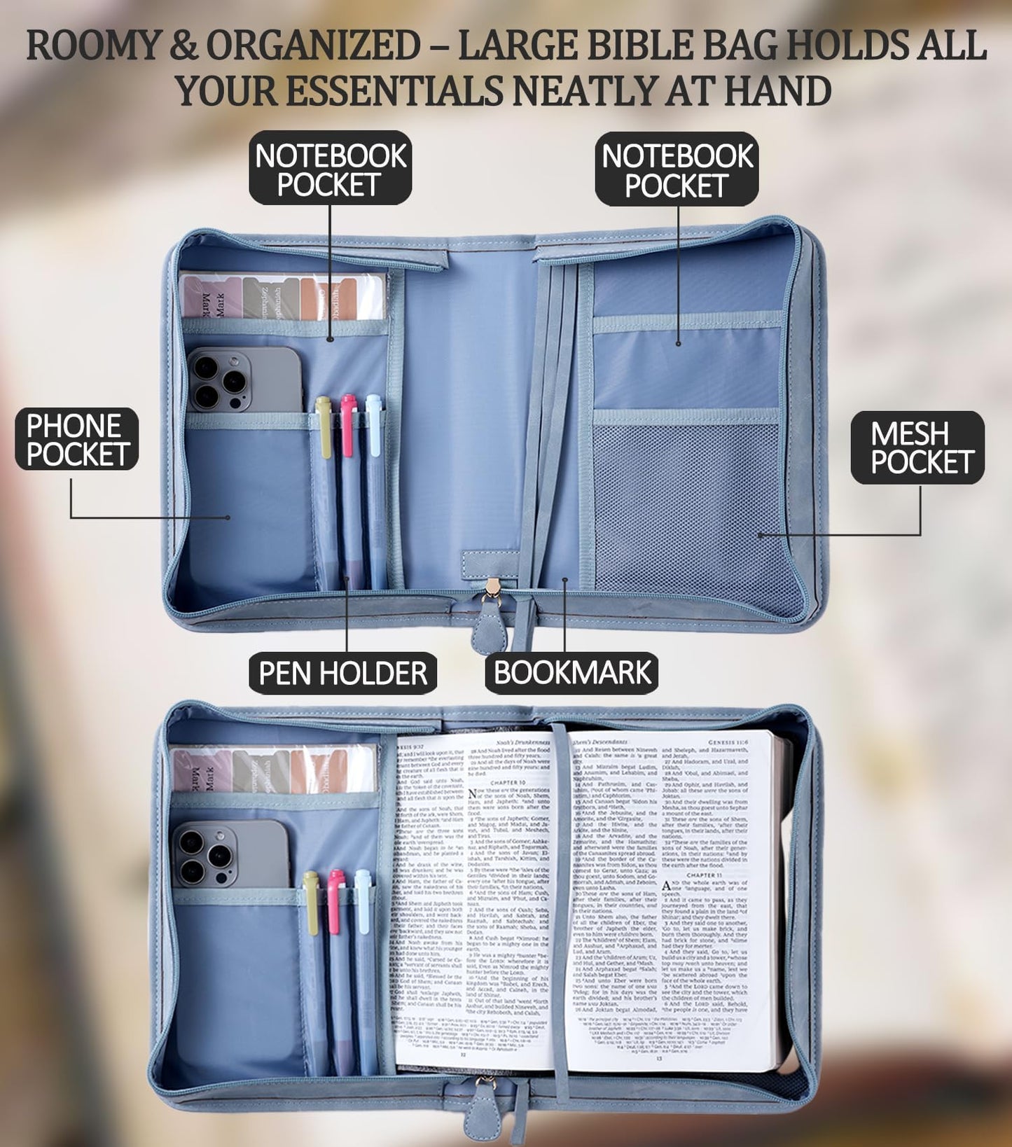 Vegan Leather Bible Cover Case, Bible Bag with Phone Pocket, Bible Case for Women, Christian Gift Box Packaging (Light Blue)