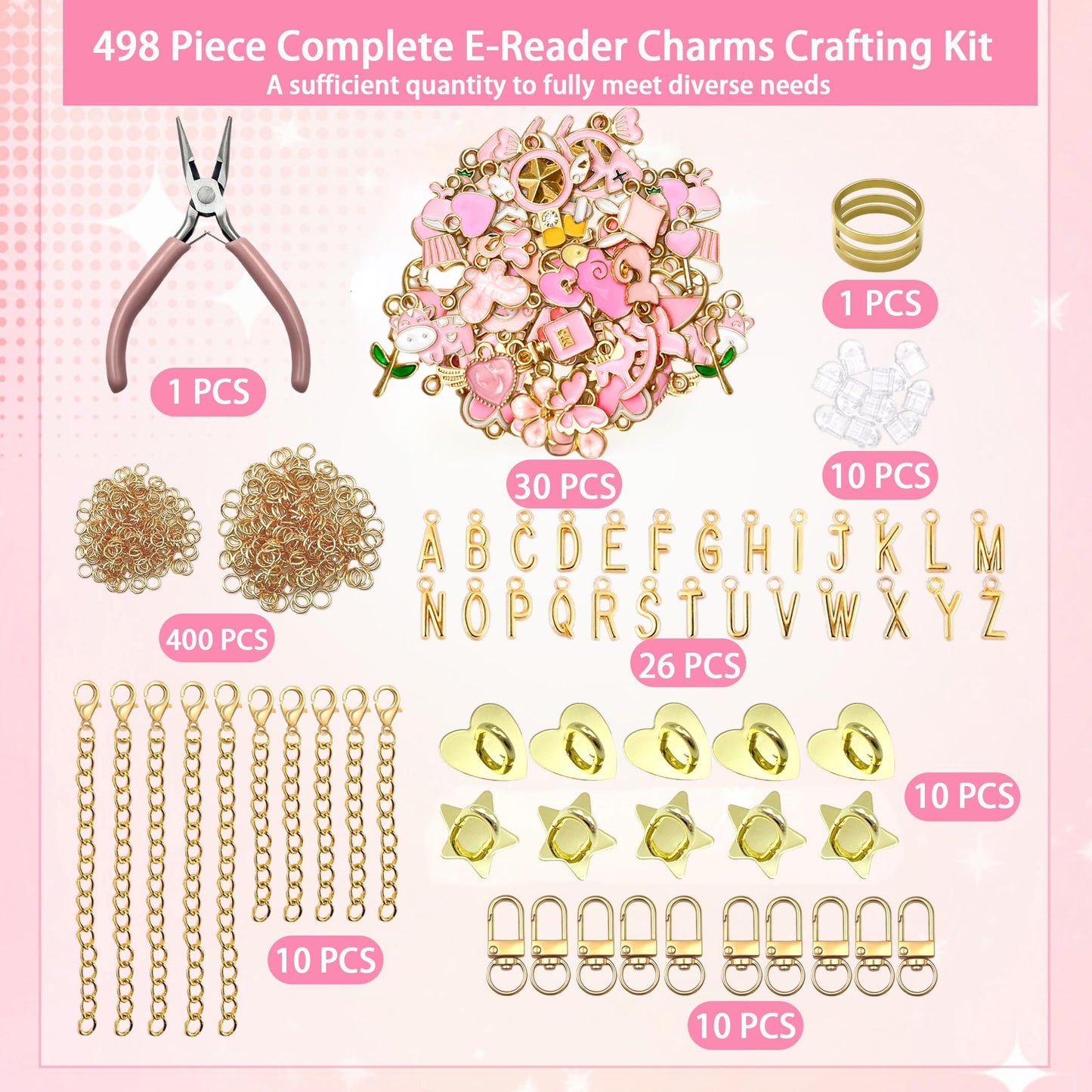 YesMvpMvp 499 Pcs Kindle Accessories,Charm Chain Making Kit for Kindle E-Reader,Charm DIY Craft Supplies,Makes 10 E-Reader Charms and 10 Type-C Dust Plug(Pink)