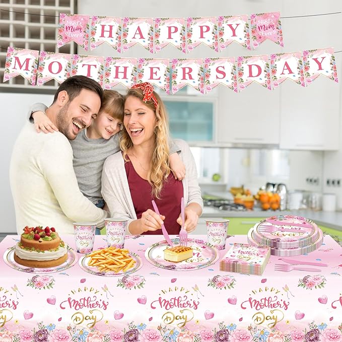 98 Pcs Mother's Day Party Supplies for 16 Guests | Floral Pink Tableware Set with Plates, Napkins, Cups & Banner