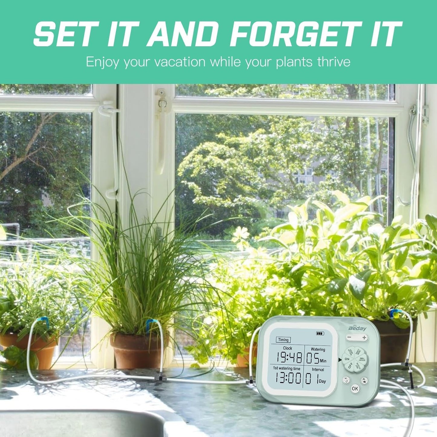 Automatic Plant Waterer Indoor Self Watering System for 15 Potted Plants, Auto Drip Irrigation Kit Programmable Water Timer with Smart Humidity Detection, Green