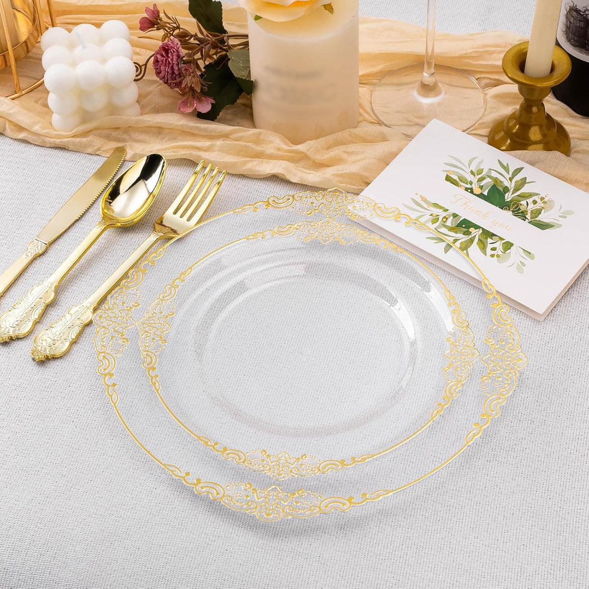 200 PCS Clear and Gold Plastic Plates for 100 Guests, Elegant Clear Disposable Plates with Gold Trim, Include 100 PCS Dinner Plates, 100 PCS Dessert Plates for Party, Birthday and Graduation
