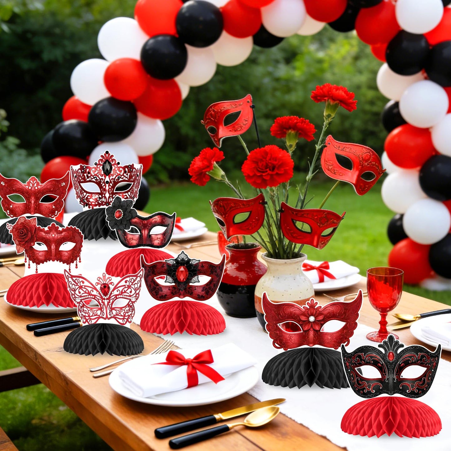 Felivid Red Masquerade Honeycomb Centerpieces Set for Masquerade Party Table Décor Elegant Red Mask Theme Birthday Table Decorations Double-Sided Printed Masquerade Celebration Table Centerpiece Kit