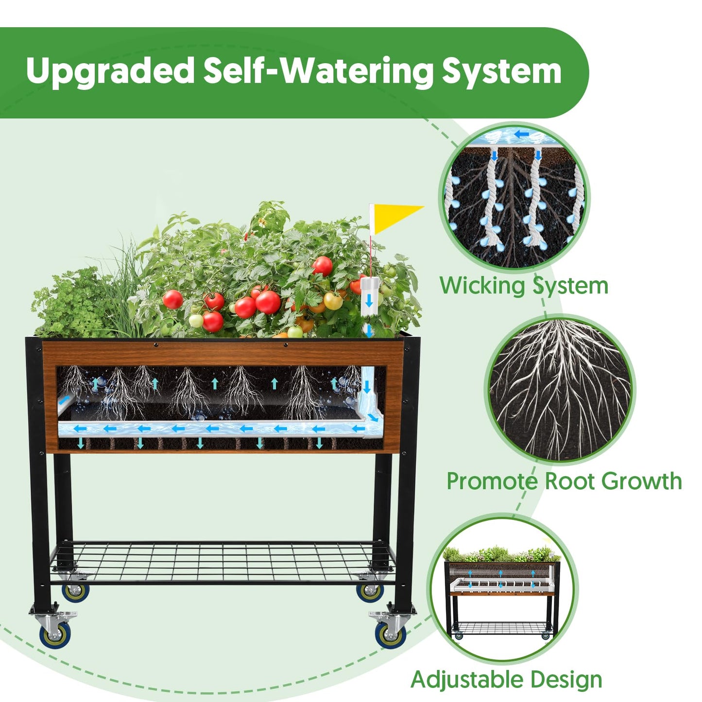 The Home Cult Raised Garden Bed with Legs and Wheels, Self-Watering Planter Box, 36x16x30 in Elevated Raised Bed with Drainage Hole, Built to Withstand Sun, Rain, and Wind for Up to 2 Years