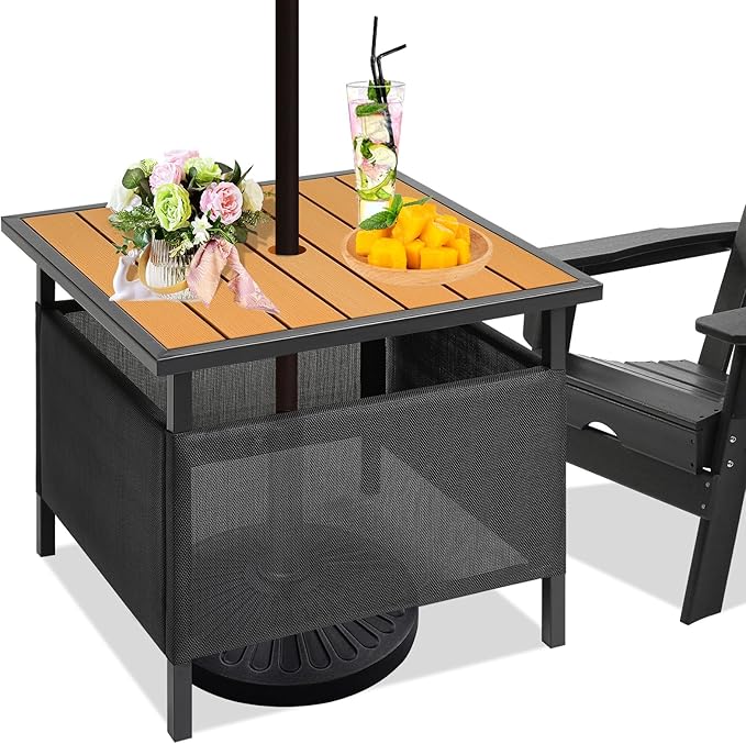 LZRS Adirondack Square Outdoor Side Table with Umbrella Hole, Pool Composite Patio Table,HDPE End Tables for Backyard,Pool, Indoor Companion, Easy Maintenance & Weather Resistant(Teak)