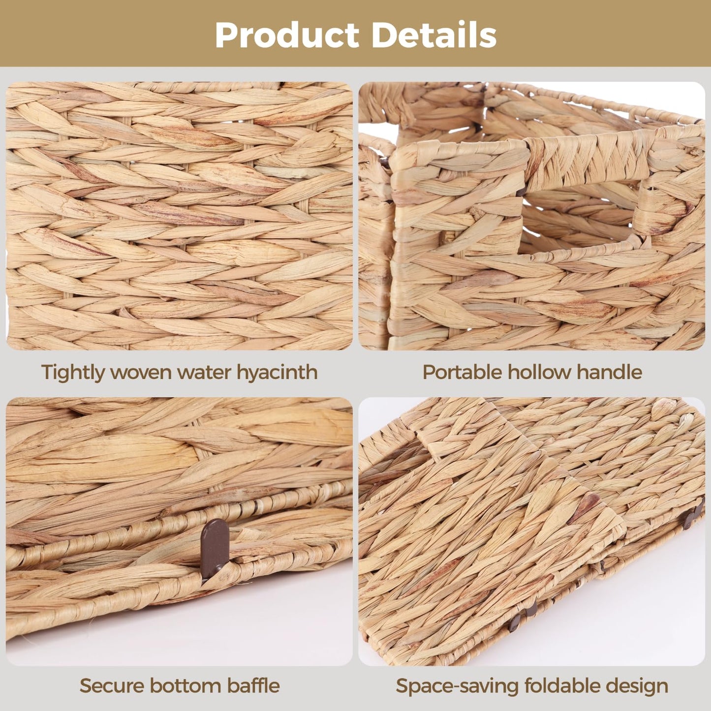 4 Pcs 9 Inch Wicker Cubes Storage Bins - Woven Water Hyacinth Storage Baskets, Foldable Bins with Handles, Collapsible Square Containers for Shelves, Closets, 8.7×8.7×8.7"
