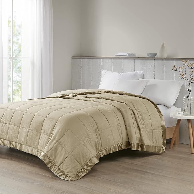 Madison Park Cambria Down Alternative Blanket, Premium 3M Scotchgard Moisture Wicking Treatment, Lightweight and Soft Bed Cover For Summer with Satin Trim, Oversized Full/Queen Taupe