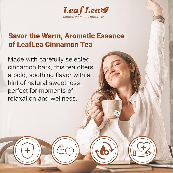 LeafLea 40 Cinnamon Tea Bags, 100% Natural Ground Cinnamon Stick Herbal Tea, Spiced and Warming Flavor for Relaxation, Caffeine-Free, Sugar-Free, Non-GMO, Vegan