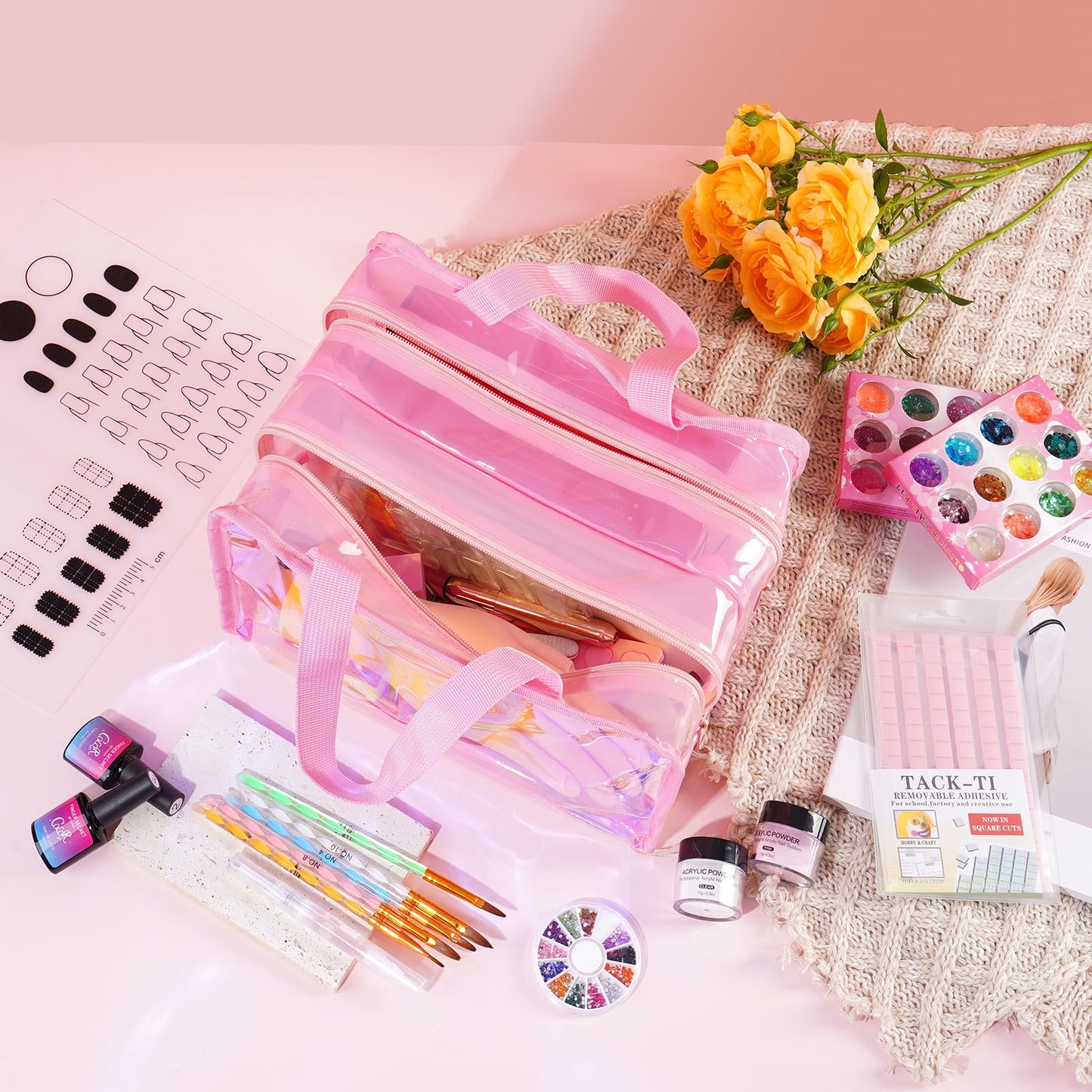Nail Kit for Beginners with Everything: Practice Hand Acrylic Nail Kits Professional U/V Lamp Powder Drill Liquid Starter Set with Gel Polish in Cosmetic Gift Bag for Women Salon Home(Holo Pink)