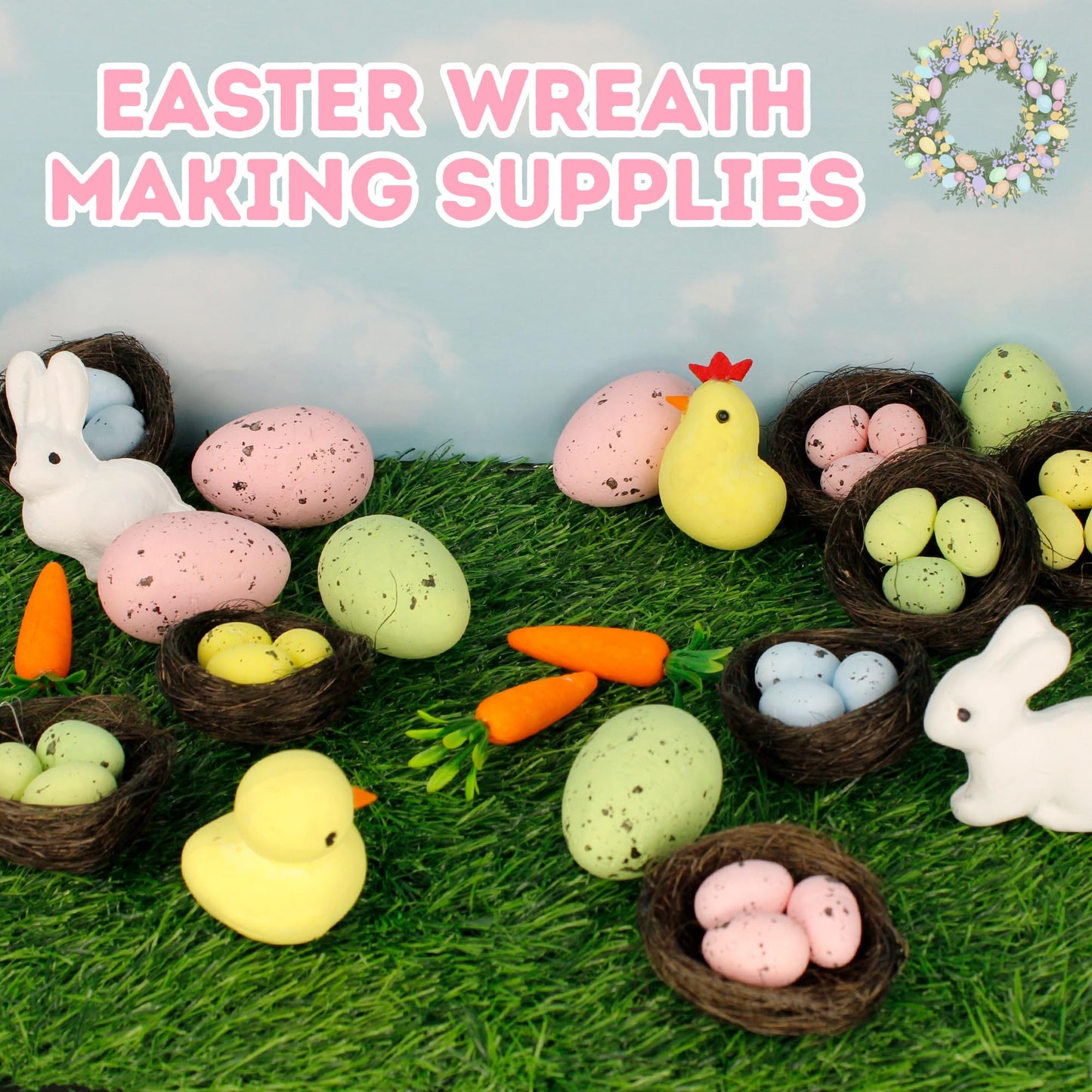 Festive Easter Craft Kit, Wreath Making Set Includes Foam Chicks, Bunnies and Eggs, DIY Springtime Characters Activity, 21 Total Pieces