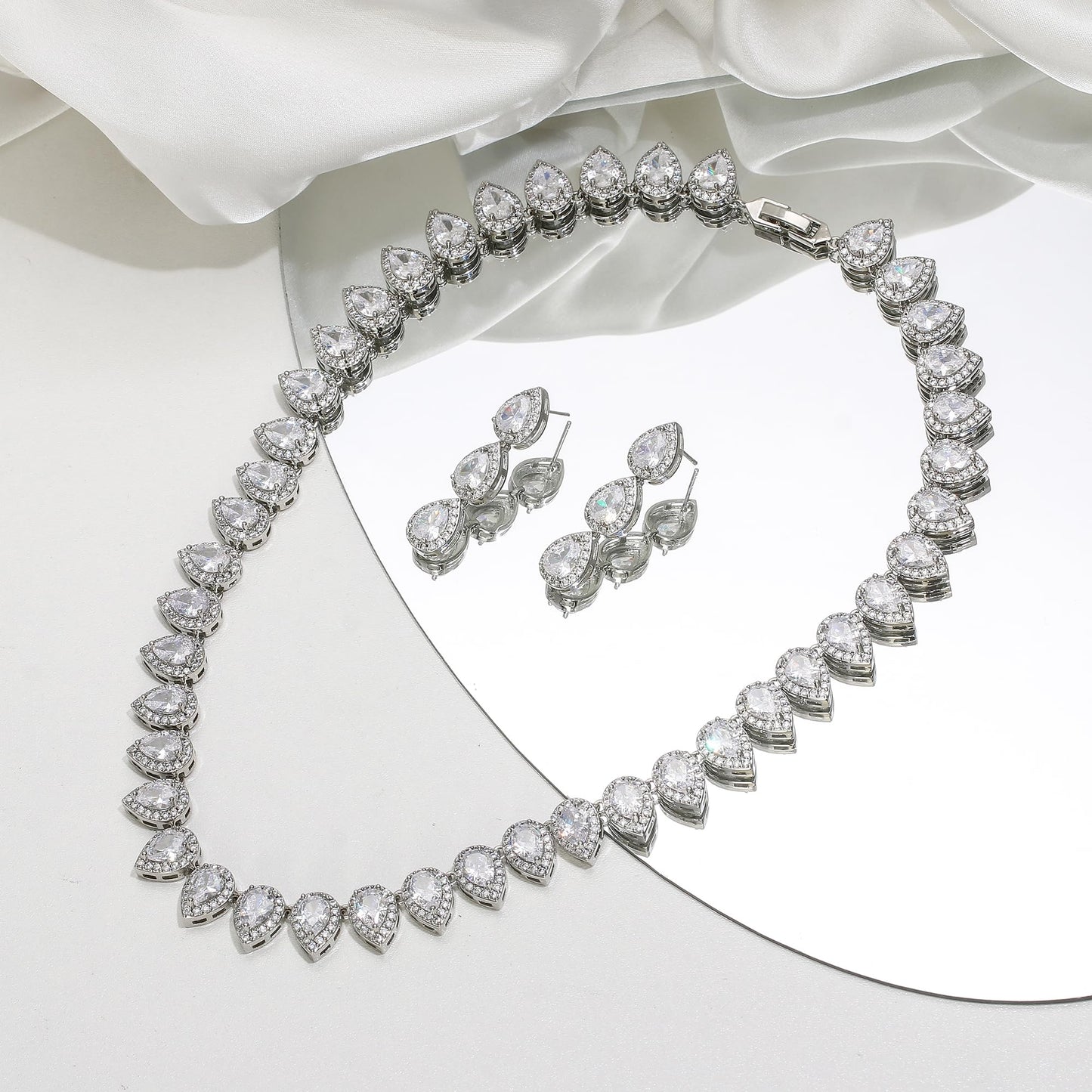 EleQueen Women's Wedding Bridal Full Prong Cubic Zirconia Teardrop Necklace Earrings Set for Brides Bridesmaids Clear Color