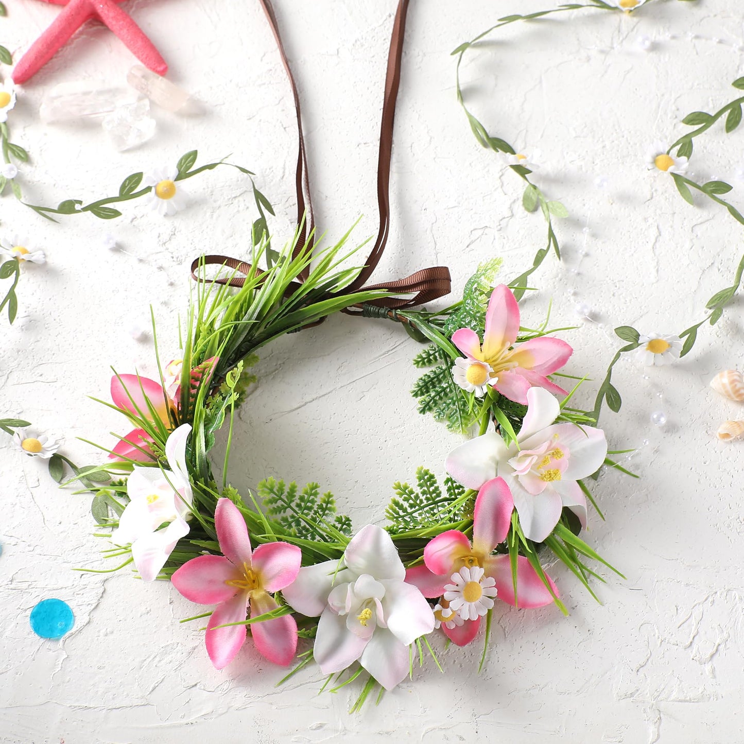 KorViSHOW Hawaiian Flower Crown Headbands, Pink Tropical Floral Headpiec, Artificial Hawaii Orchid Floral Headband with Daisy Vine for Women Summer Beach Hula Dress Up Accessory Party Favor Supplies