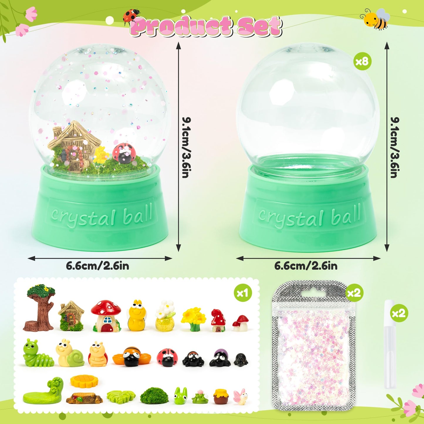 HoniedPepperino Spring Snow Globes Craft Kit - 8 Set DIY Plastic Snow Globe Craft with Mini Resin Butterfly Bee, Make Your Own Party Favor Decor with Glitter for Classroom Activity Gift (Insect)