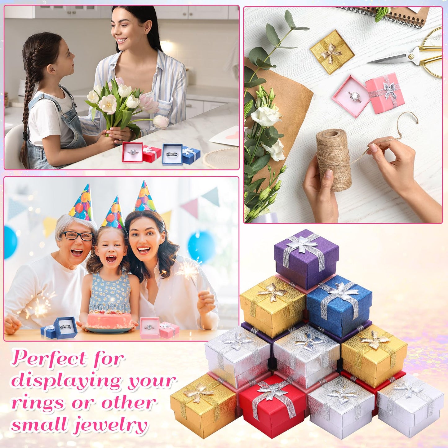 Bucherry 72 Pcs Ring Box Bulk Cardboard Jewelry Gift Boxes with Ribbon Bow Small Earring Case for Wedding Mothers Day Packaging(Modern Color)