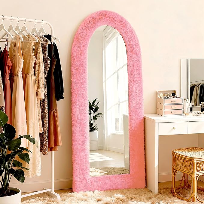 Fluffy Full Length Mirror Cover Universal Ultra Soft Non-Slip Border with Adhesive Tape Pink Fuzzy Frame Decor for Standing Mirror Bedroom Cloakroom Home Decor Women Gifts (pink, 64 x 21 Inch)