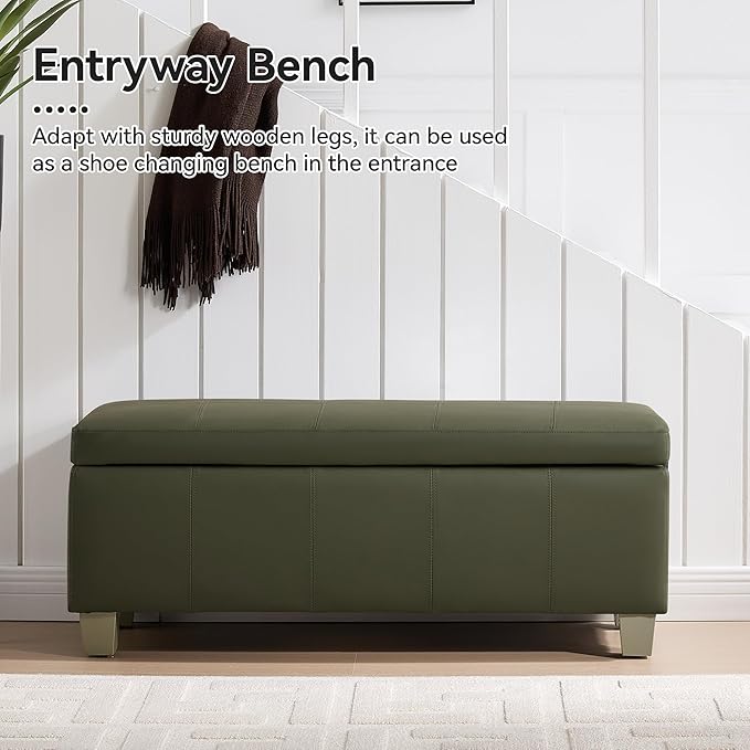 41" Faux Leather Storage Ottoman, Stitch Tufted Rectangle Upholstered End of Bed Storage Bench, Entryway Large Couch Ottoman with Wooden Legs,Green