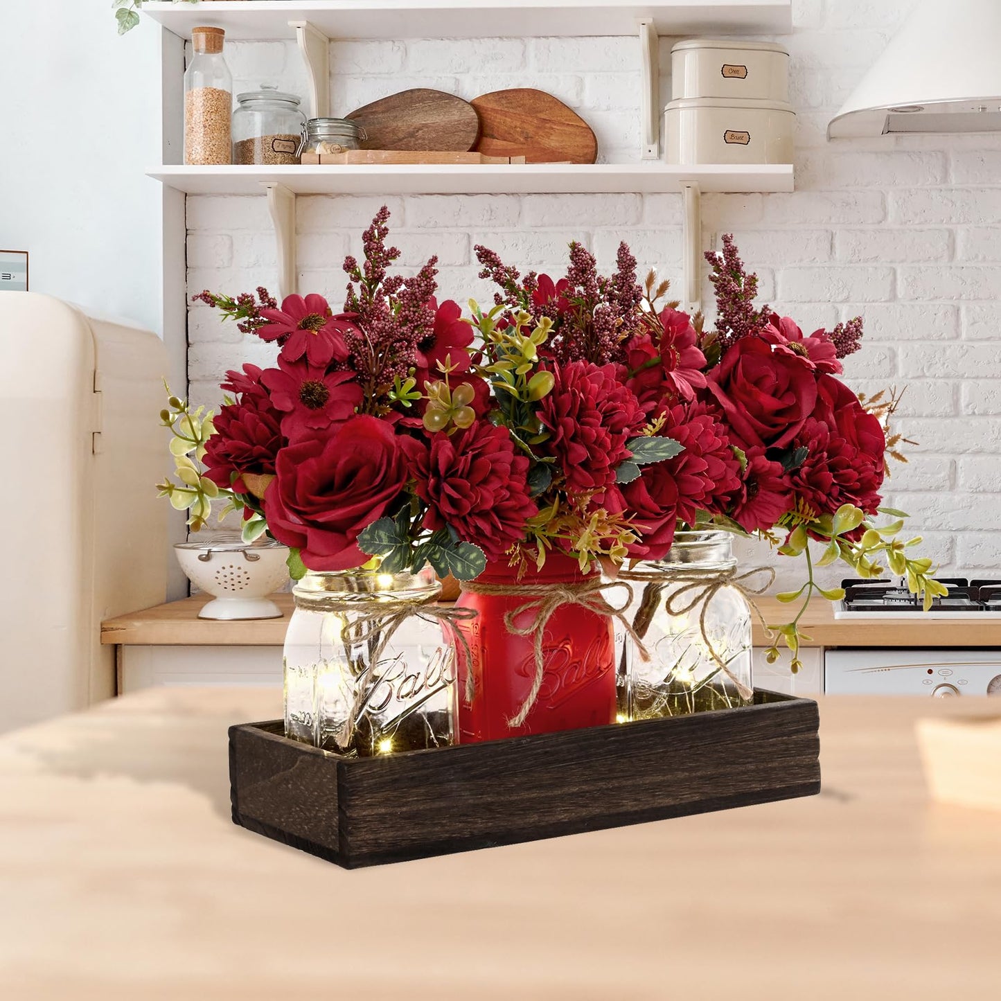 BLEUM CADE Centerpiece Table Decorations - Mason Jar Lights Centerpiece for Kitchen Dining Table Farmhouse Coffee Table Wedding Home Decor with 3 Jars Artificial Flowers & Wood Tray