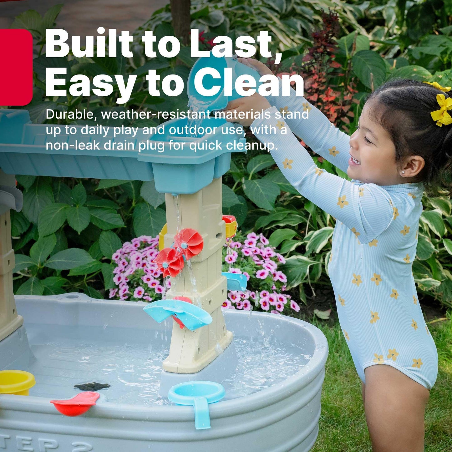 Step2 Rain Showers & Flow Kids Water Table, Outdoor Toddler Activity Table, 15-Piece Accessory Set, Ages 1.5+ Years Old, Multicolor (Gray, Blue, Red)