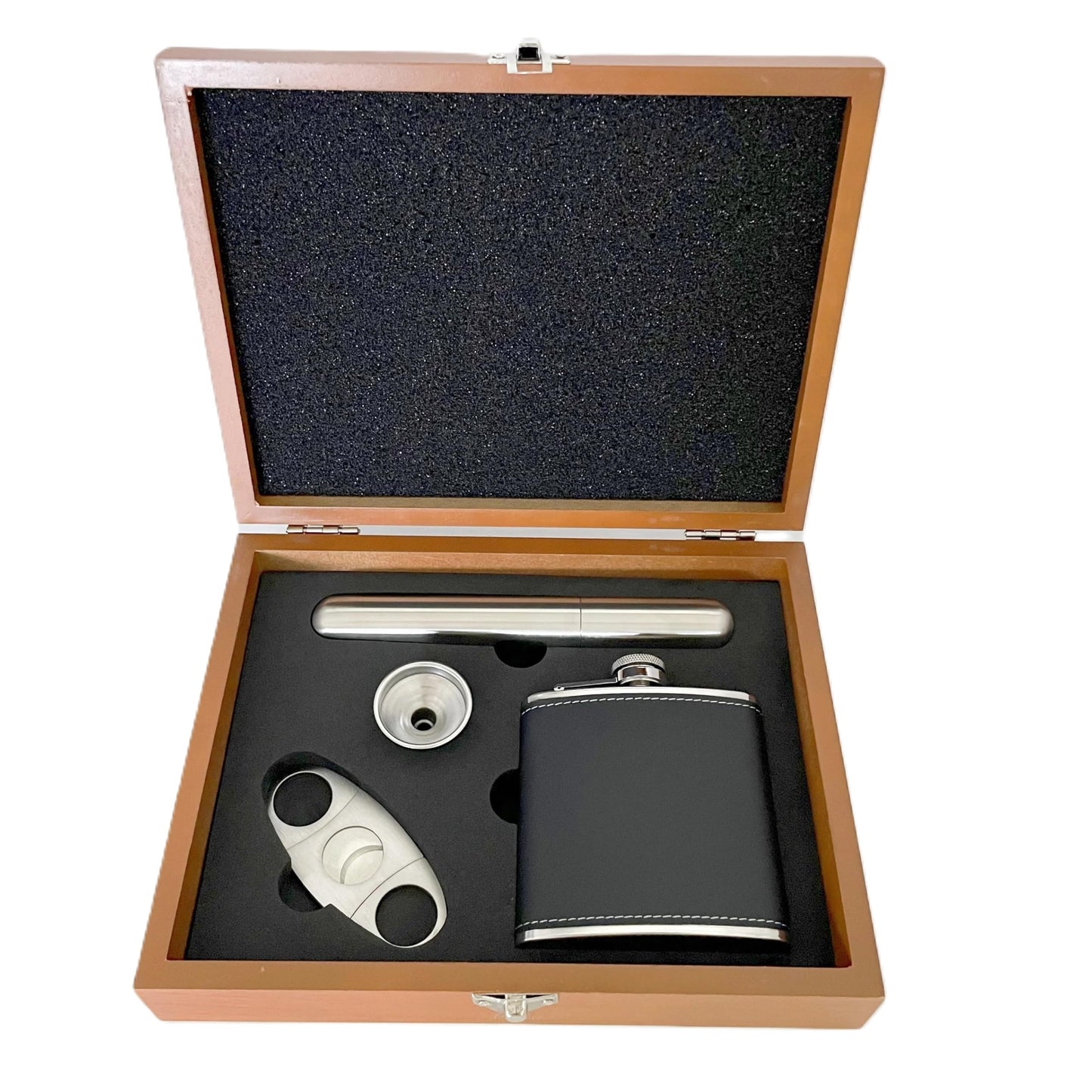 Flask Gift Set for Men – Stainless Steel Hip Flask with Funnel, Cutter & Case in Elegant Wooden Box – Perfect for Whiskey Lovers, Groomsmen, Gifts & Special Occasions