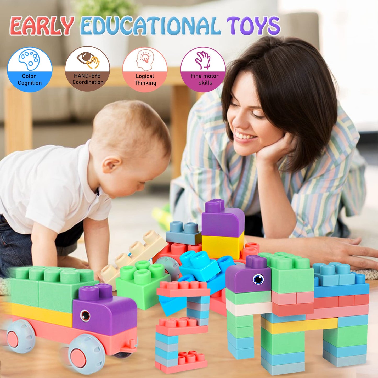 ROHSCE Baby Soft Blocks Set, Big Building Block Toys, Soft Rubber Blocks for Babies 6 Months and Up STEM Educational Toddler Gifts, Baby Soft Blocks Sensory Stacking Toys, 80PCS