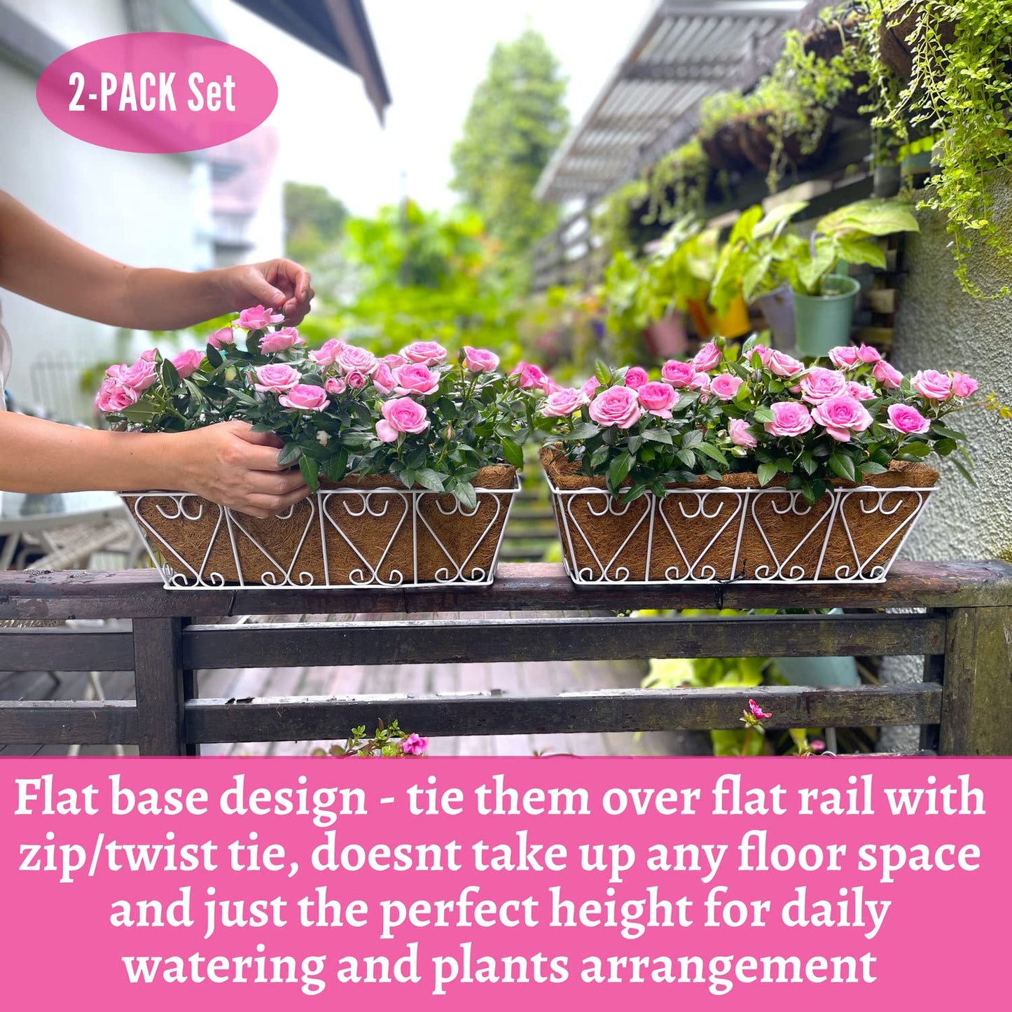 LaLaGreen Wall Hanging Planter - 2 Pack, 16 Inch Deck Railing Planter, Window Flower Boxes Basket Outdoor White Deck Railing Hanging Pot Coco Liner Metal Plant Holder Fence Planter Balcony Patio Porch