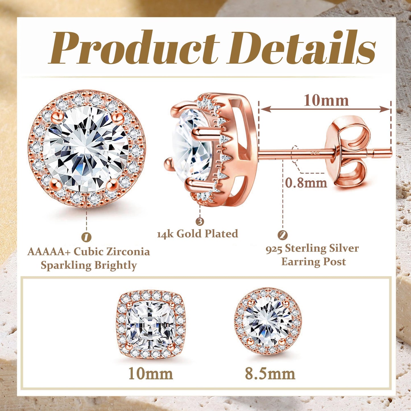 Hayoso Cubic Zirconia Stud Earrings for Women Men Sterling Silver Earring Post Hypoallergenic 14k Gold Plated Round&Square Earrings Rose Gold