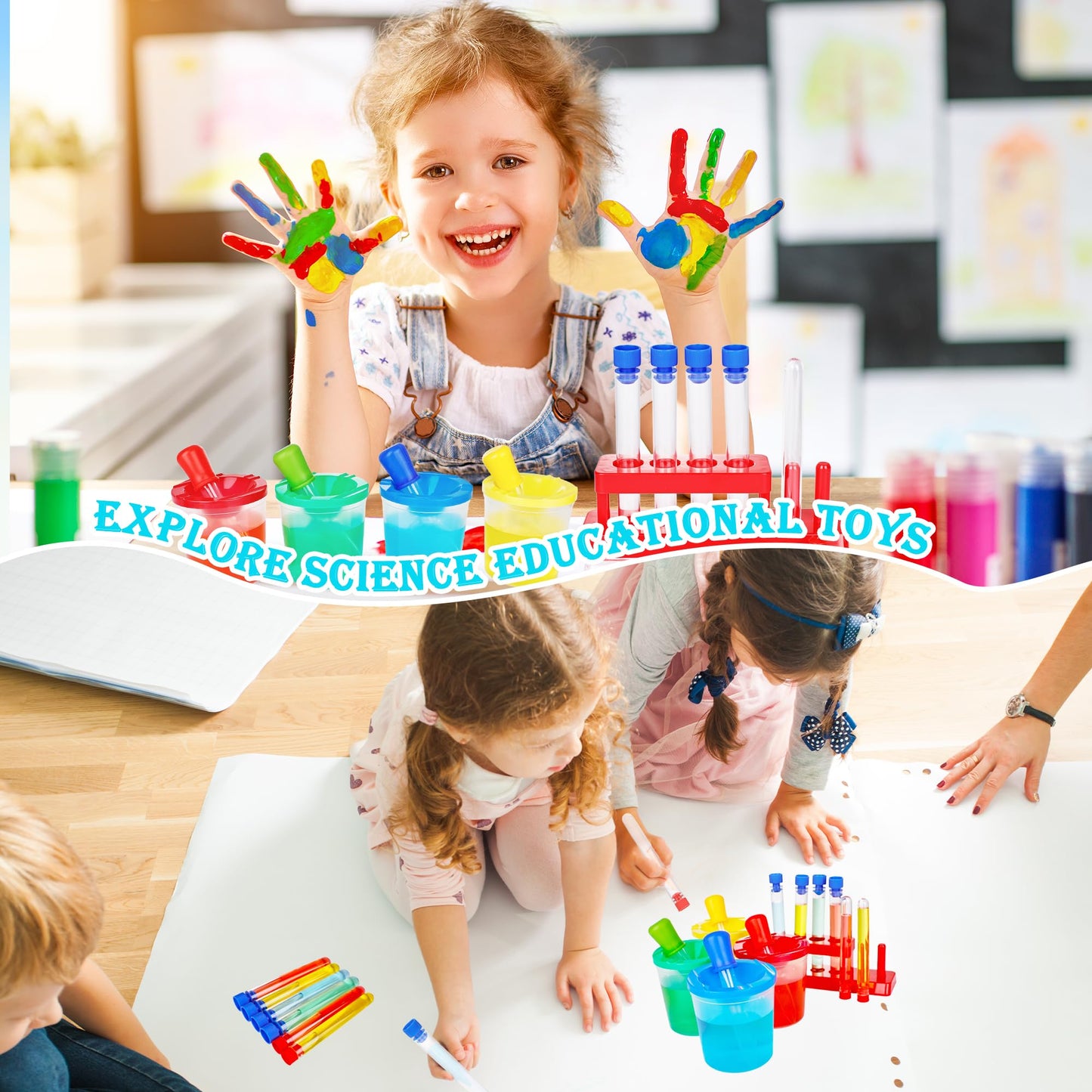 30 Pcs Science Test Tubes Set Include Clear Plastic Test Tubes with Caps Paint Cup Storage Stand Droppers for Kids Little Scientist Lab Party Supplies Color Science Experiments