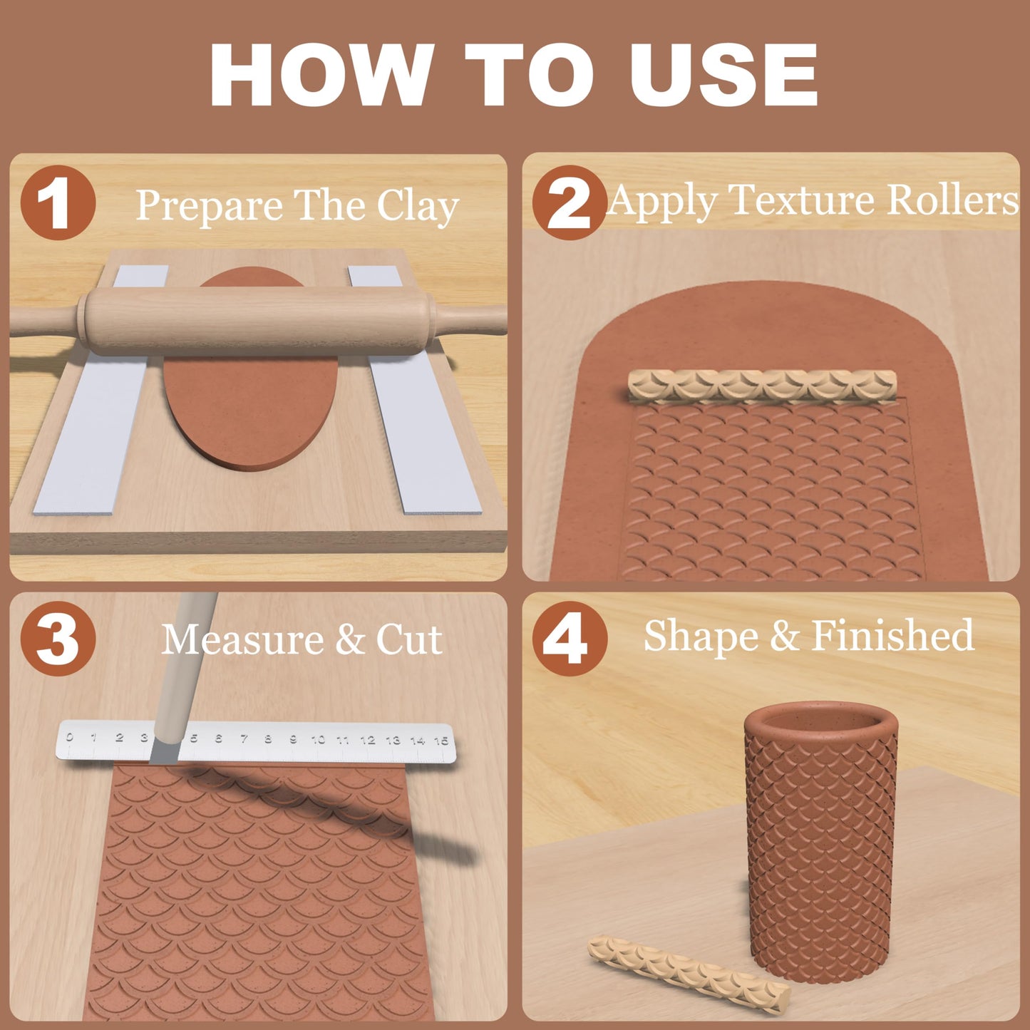 Maiguinzaa Clay Texture Rollers | 10-Pack Plastic Polymer Clay Tools | 5" Length x 0.65" Diameter | Non-Stick Easy Clean Surface for Pottery, Sculpting, DIY Art