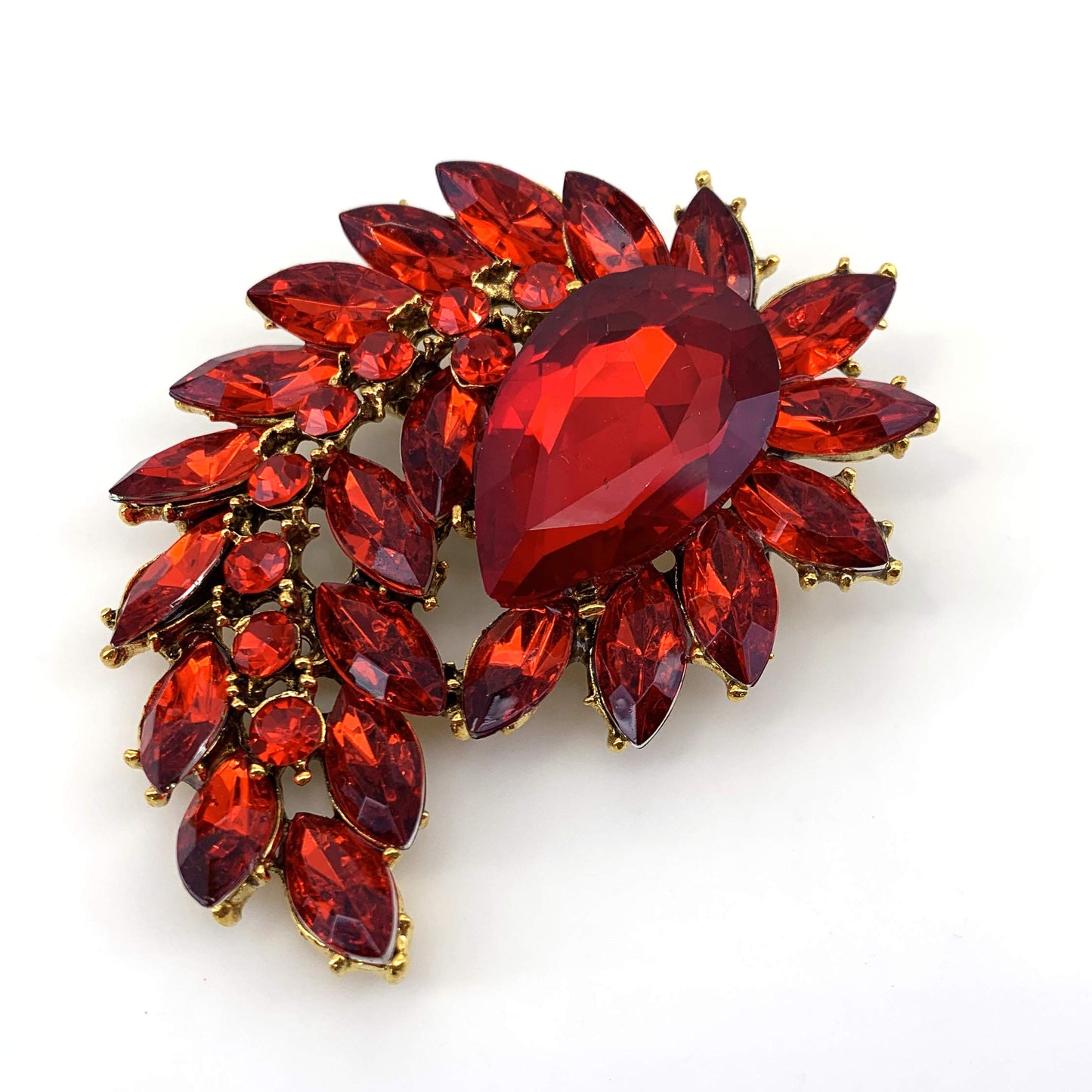 SELOVO Marquise Shape Rhinestone Large Red Leaf Brooch Pin Jewelry Antiqued Gold Tone