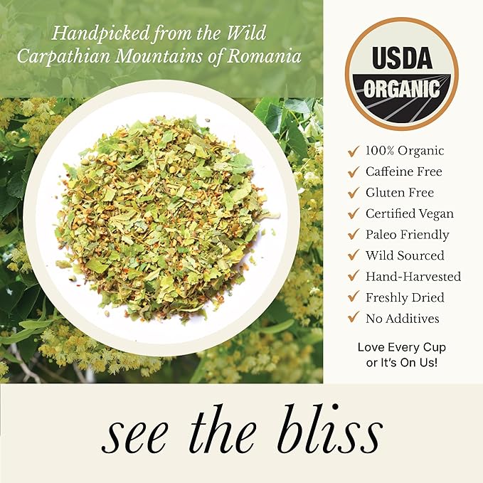 Wild Bliss Organic Linden Flower Tea - Caffeine Free Loose Leaf Calming Herbal Tea - 1.76 Ounces - 40 Servings