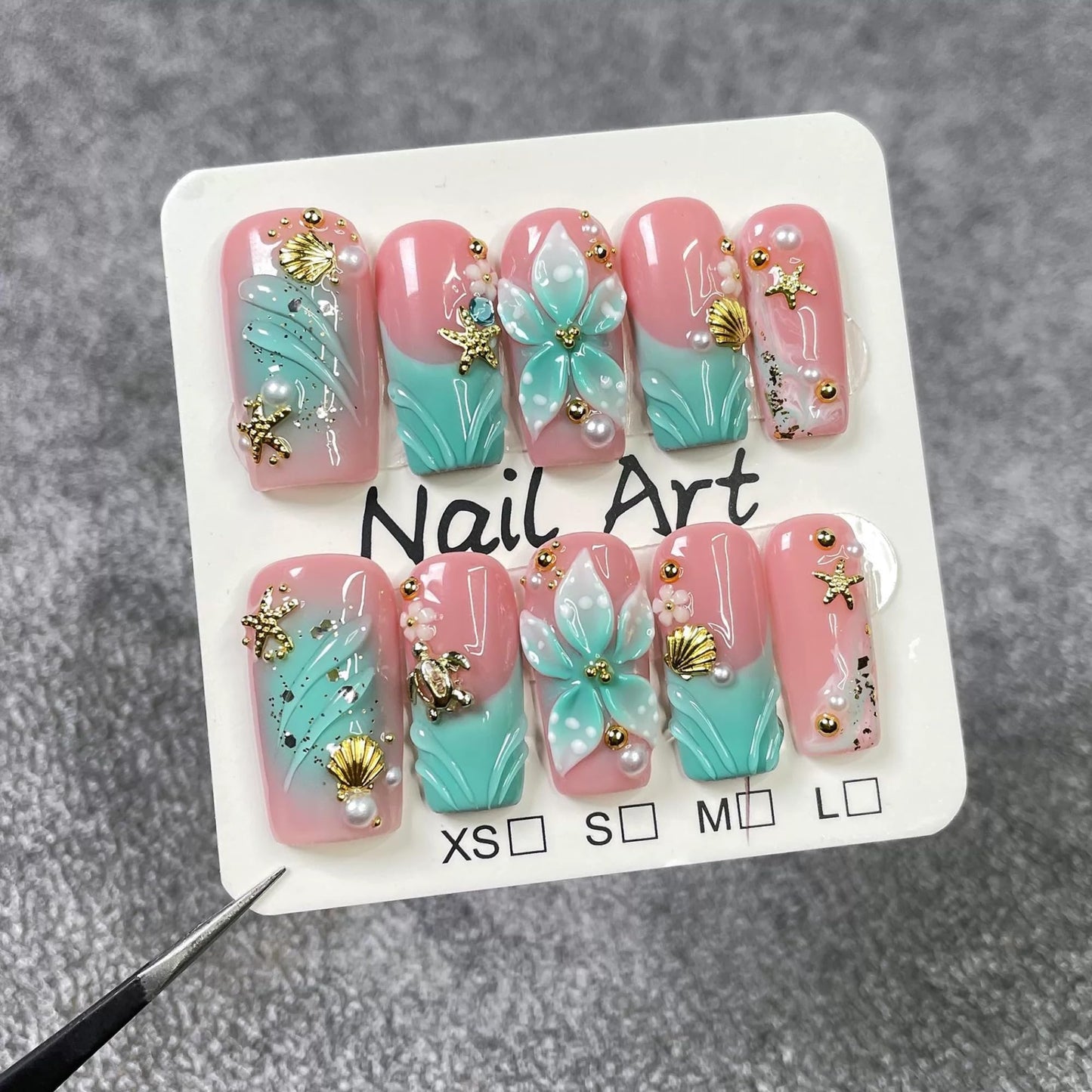 Luxury Handmade Press on Nails Medium Square Fake Nails Blue French False Nails with Ombre 3D Flower Art Design Acrylic Nails Handmade Stick on Nail for Women Manicure 10Pcs (Size M)