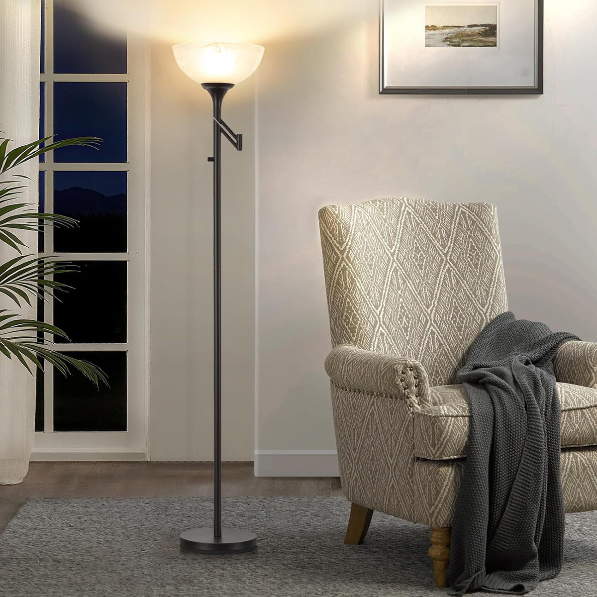 Floor Lamps for Living Room Black, 70" Tall Standing Lamp with Glass Shade, Torchiere Floor Lamp with 350°Adjustable Swing Arm Lamp, Pole lamp for Bedroom, Living Room, Office, Bulbs Included