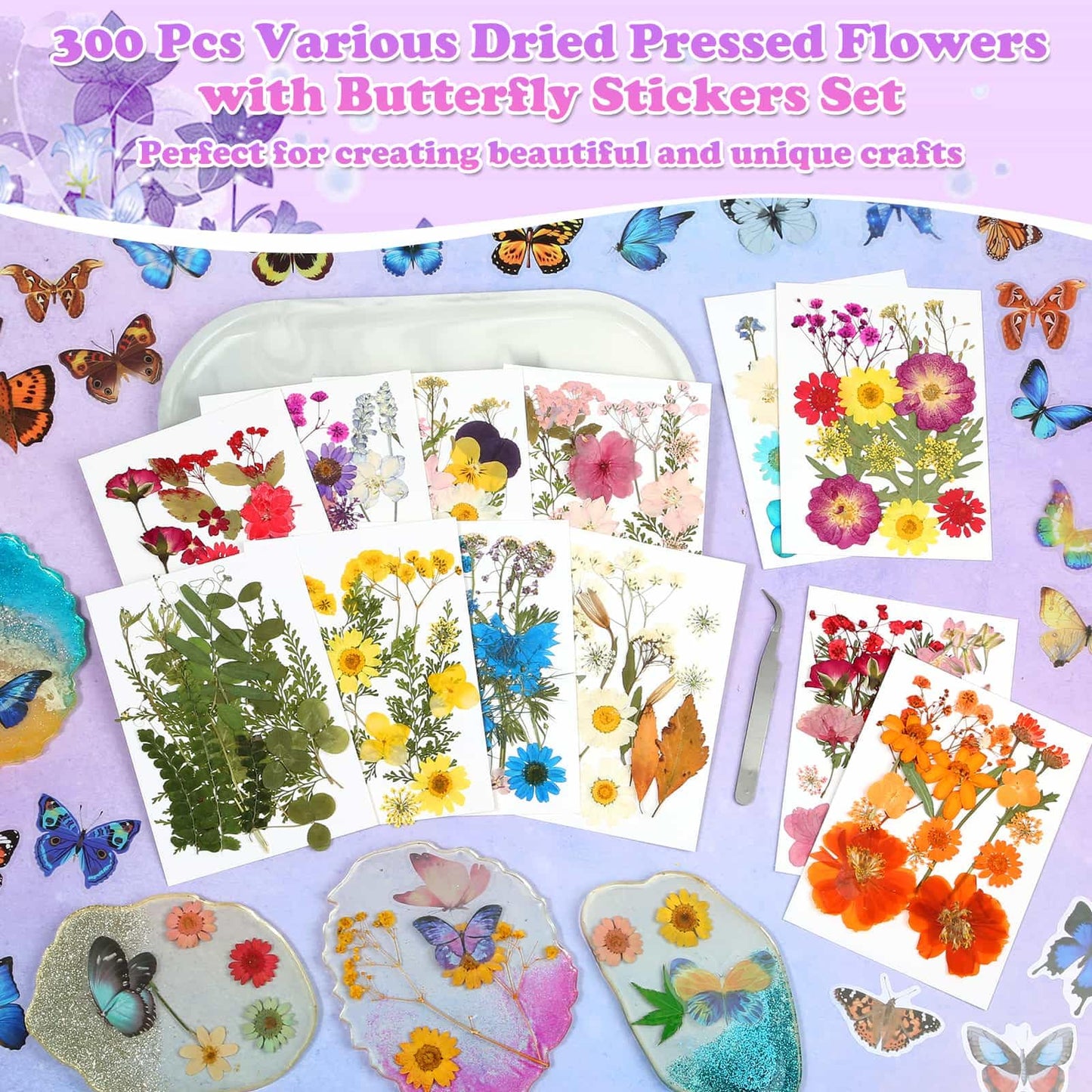 300 Pcs Pressed Dried Flowers with Butterfly Stickers for Crafts, Real Pressed Wildflowers Dry Leaves Bulk with Tweezer for Resin Jewelry Molds, Candle Soap Making, Scrapbook, Bookmark, Nails Decor
