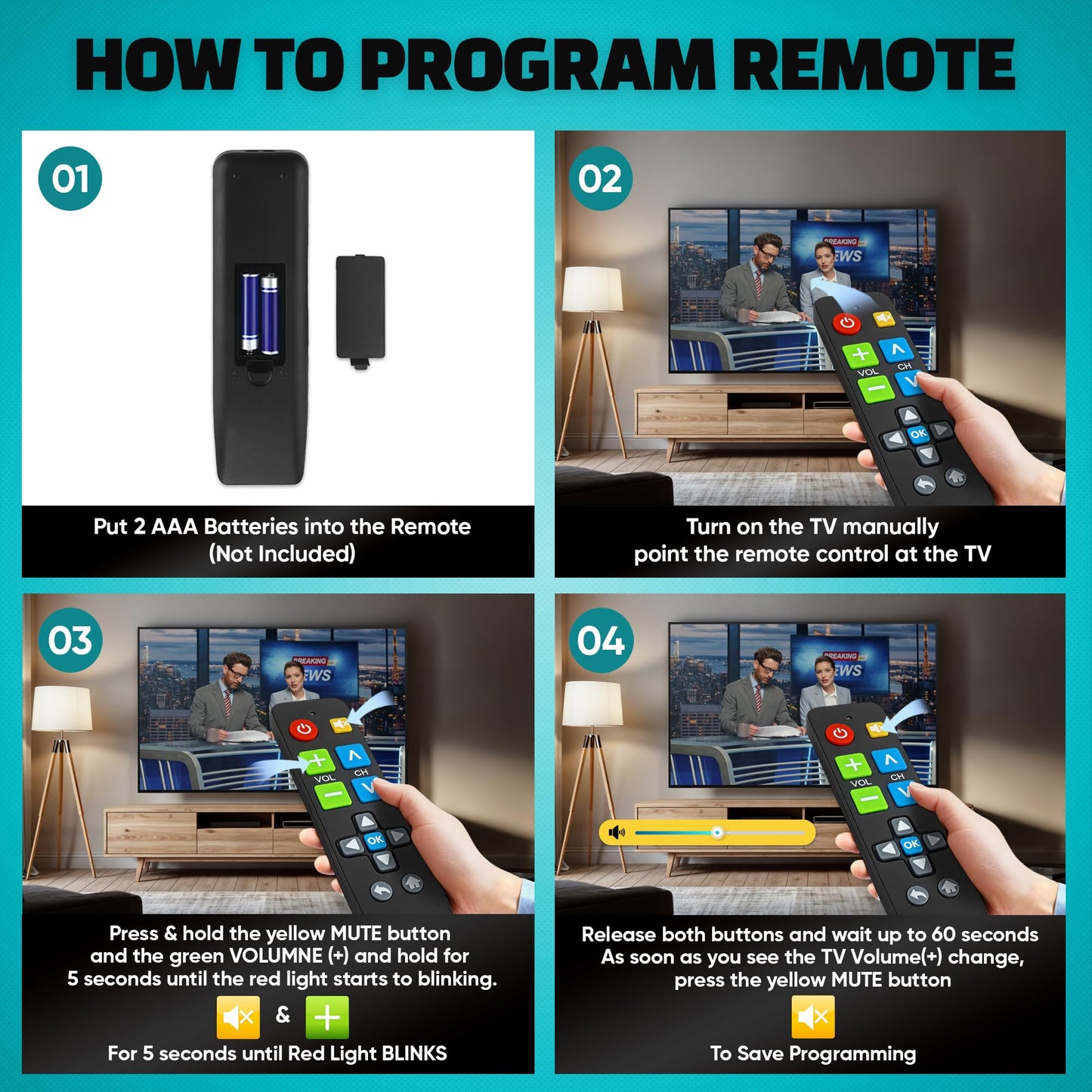 EZclicker Big Button Universal TV Remote (Black) Simple Easy to Use, Great for Seniors, Works with Major TV Brands (2xAAA Batteries Not Included)