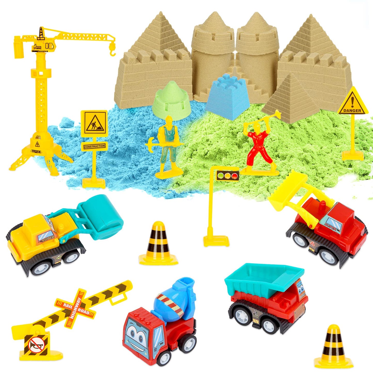 GarveeLife Kids Sand Kit, 43PCS Set w/Tools, 6 Construction Trucks & Castle Molds, Foldable Sand Box Storage Bin Tote, Toys for Boys Girls