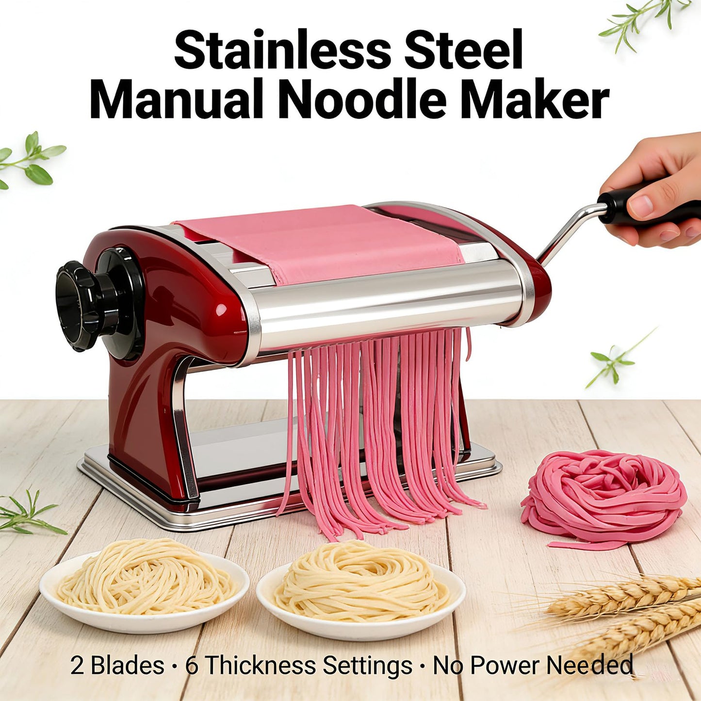 LEONEBEB Pasta Maker Stainless Steel – 2-in-1 Manual Noodle Machine with 2mm & 4mm Cutters, Adjustable Thickness 0.1-5mm for Spaghetti, Fettuccine, Ramen, Dumpling Wrappers